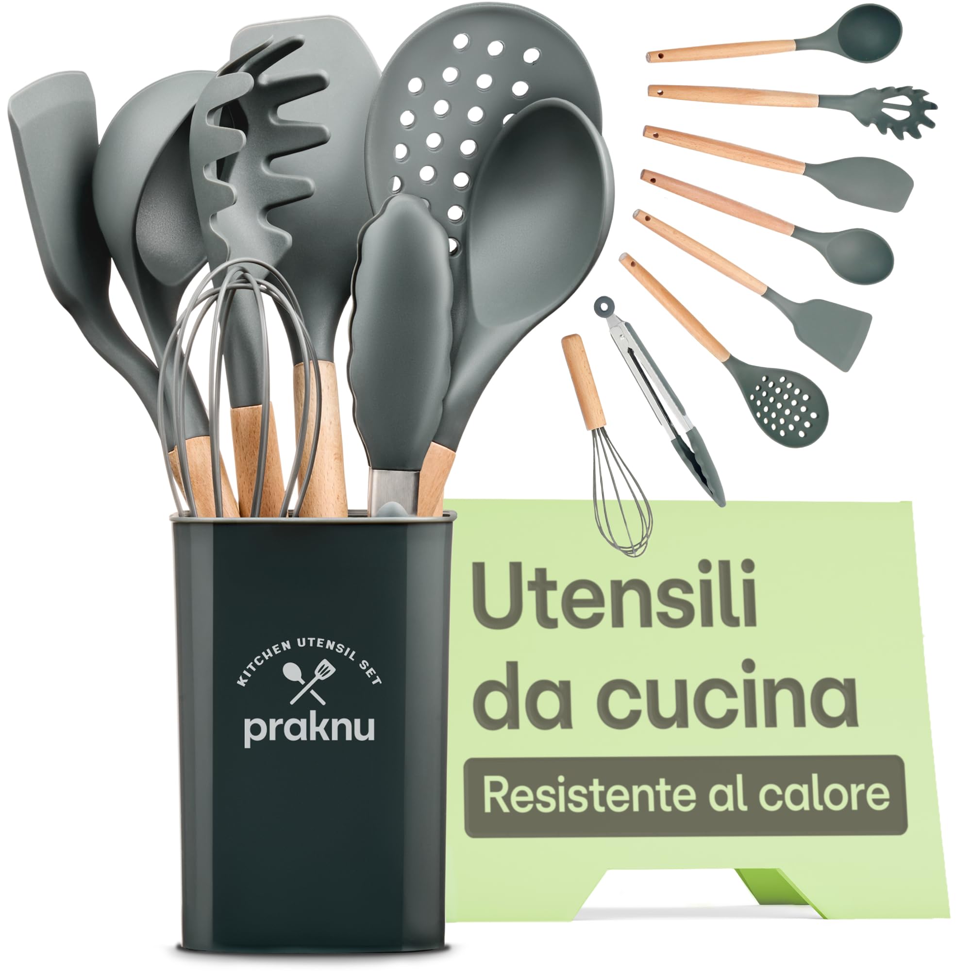 Set 26 Utensili Da Cucina In Silicone Con Manico In Legno E Portautensili - Antiaderente, Resistente Al Calore 210°C - Negri