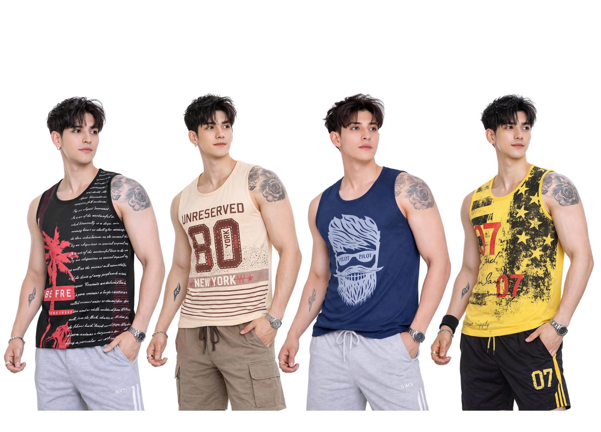 Men’s Printed Sleeveless Tank Top Combo Pack | Summer Wear Soft Cotton Casual Gym Vest for Men (Pack of 4)-image-43