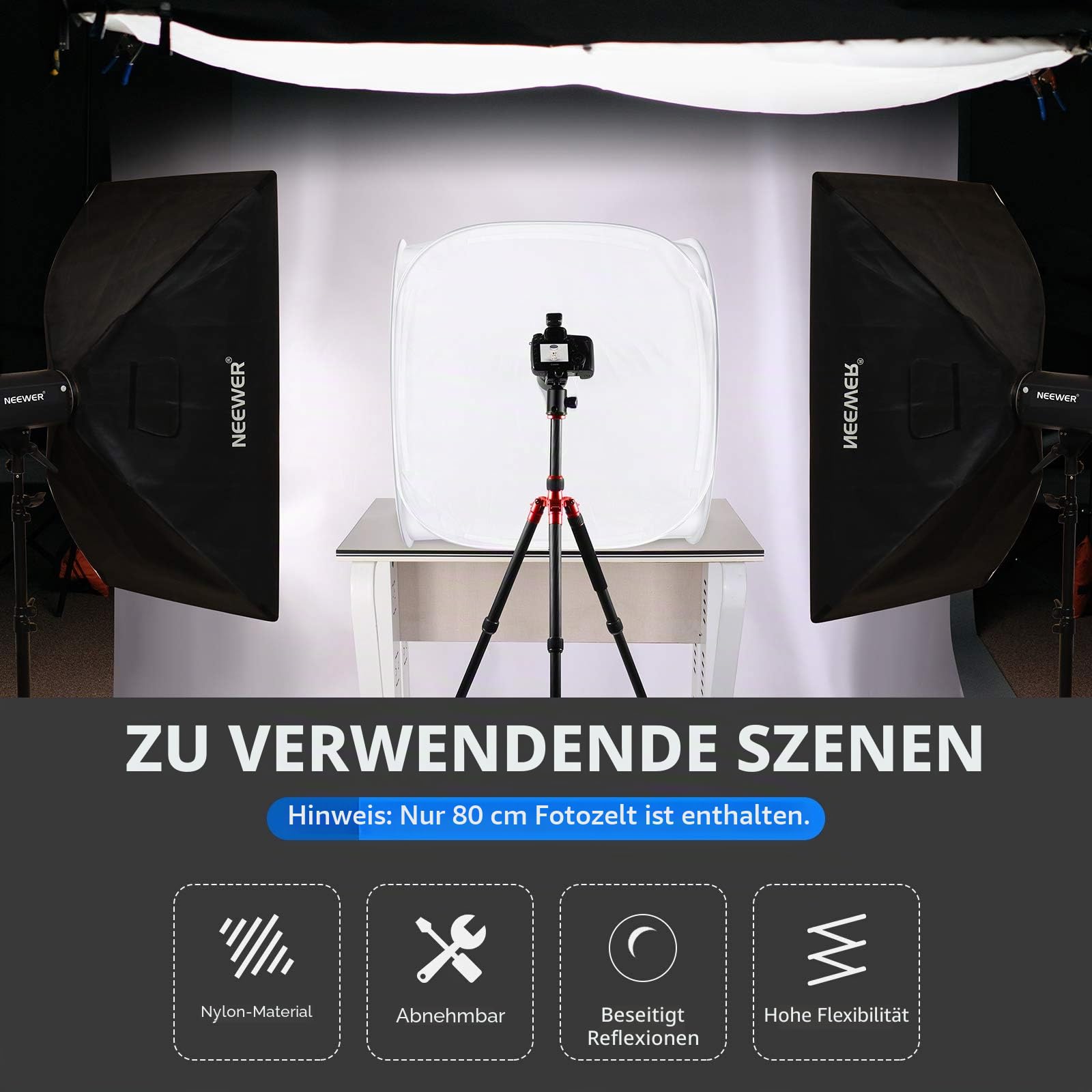 Neewer 24x24 Zoll/ 60x60cm Fotostudio Aufnahme Zelt Lichtwürfel Diffusions Soft Box Set mit 4 Farben Hintergründe(Rot Dunkelblau Schwarz Weiß) für Fotografie – Bild 8