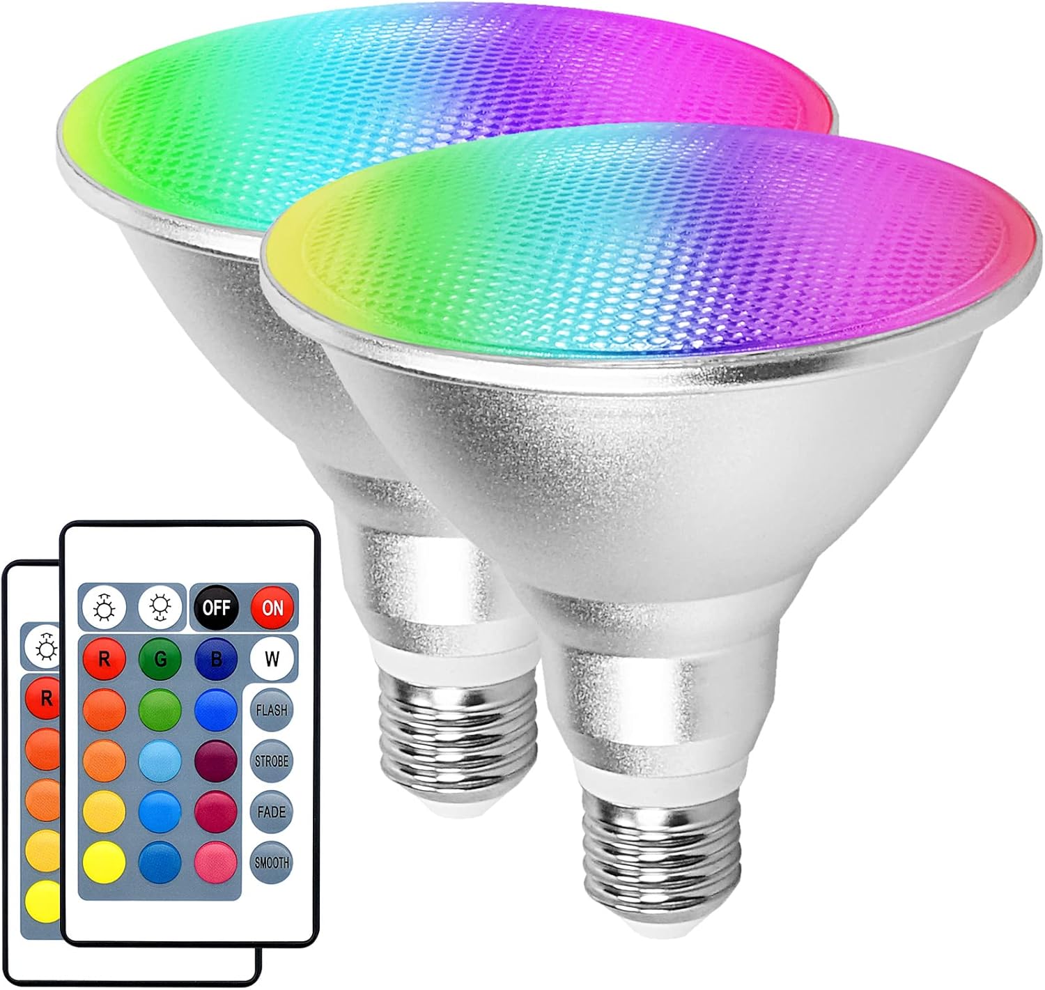 Multicolor LED Par38 Flood Light Bulb Outdoor Waterproof, 1800LM, 30W=90W, RGB + Warm White 3000K, 2 Pack Color Changing Floodlight Dimmable with Remote, Indoor Lamp E26 Base for Party Decoration