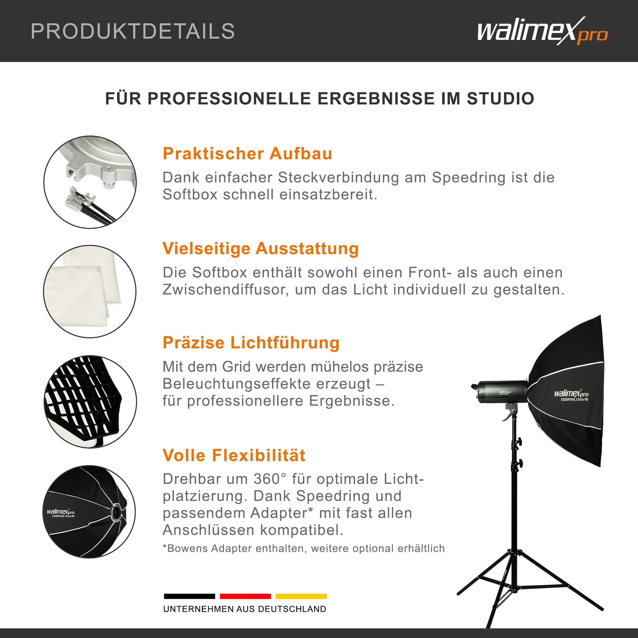 Walimex pro Essential Softbox Octagon 90cm, um 360° drehbar, einfacher Aufbau, inkl. Grid, Bowens Adapter und Transporttasche, ideal für Porträts und Beauty-Aufnahmen