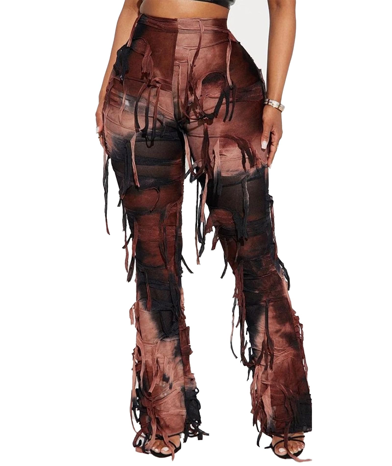 xxxiticat Womens Tie Dye Bodycon Pants Casual High Rise Cover in Fringe Tassel Trim Colorful Color Block Long