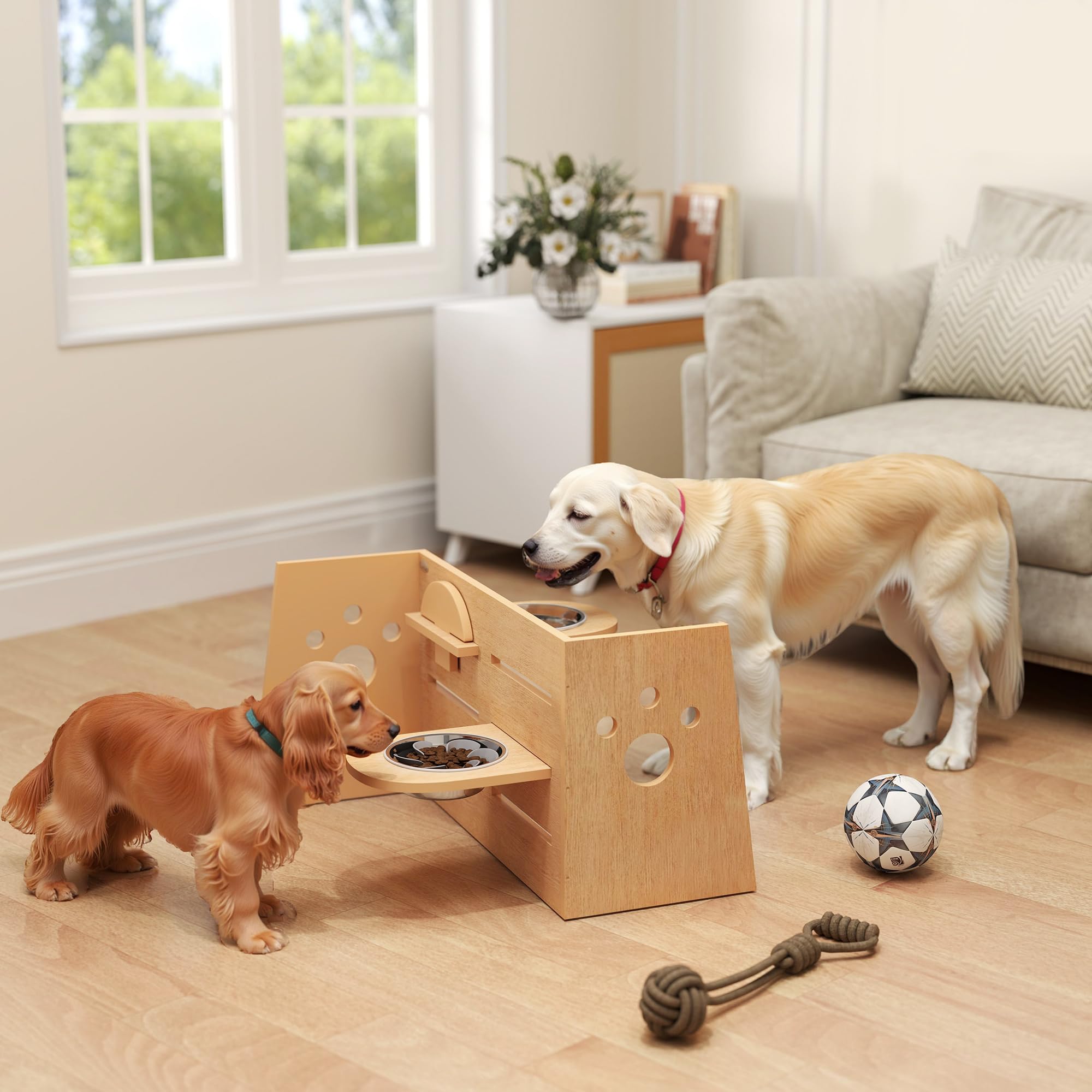 PawHut Ciotola per Cani rialzata di 3 Altezze Regolabili, Ciotola per Cani con 2 Ciotole in Acciaio Inox, Tappetino per Alimentazione Lento, Design Separato, per Cani Piccoli, Medi e Grandi, Rovere