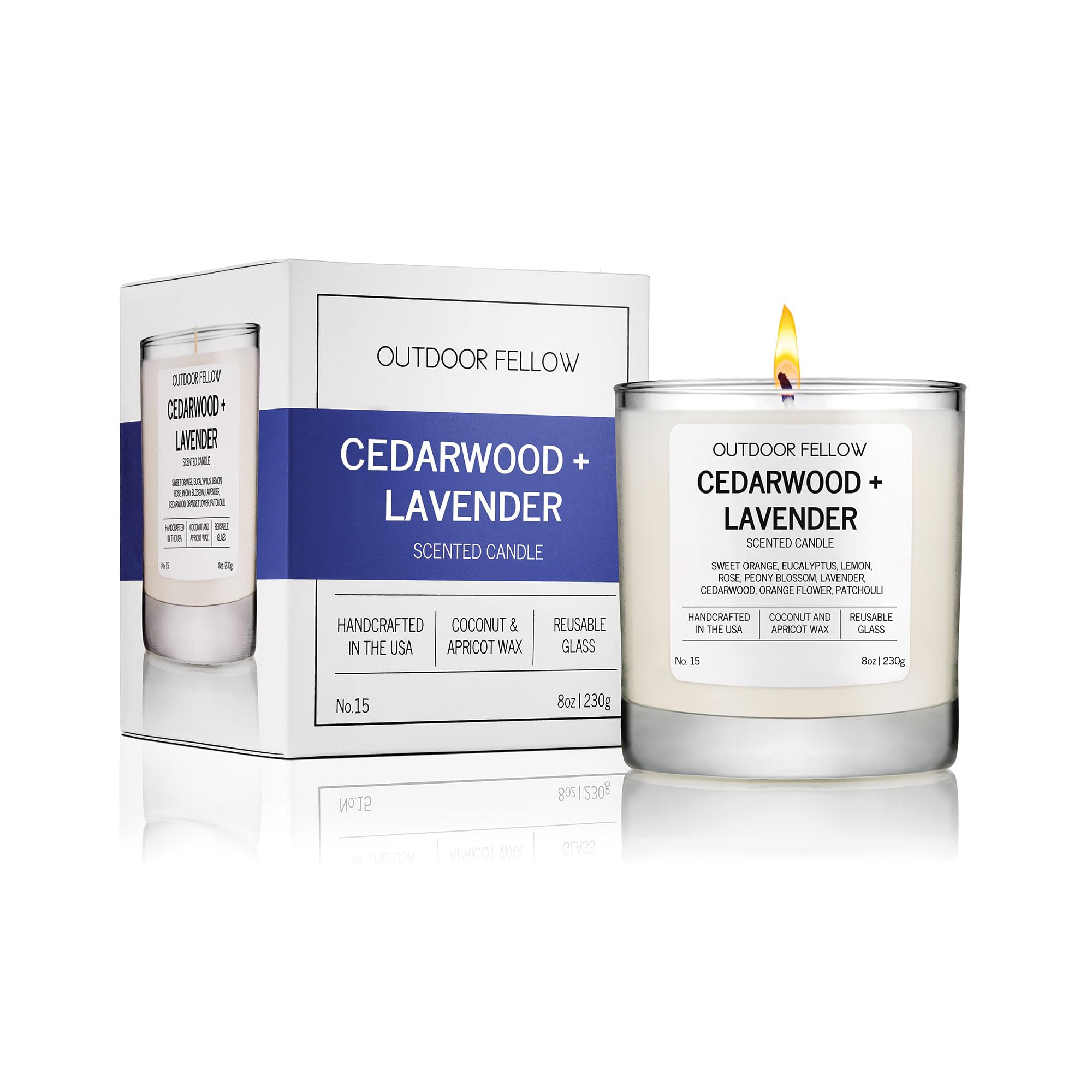 Outdoor Fellow Cedarwood and Lavender Scented Candle, 8oz, Coconut & Apricot Wax Blend, Sweet Orange, Lavender, Cedarwood, Reusable Glass, 40-50 Hour Burn Time