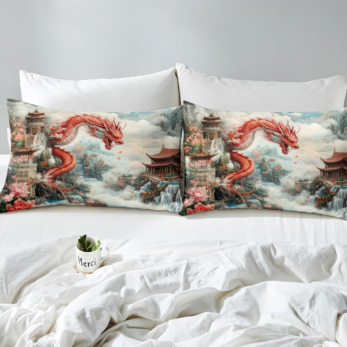 Dragon Fitted Sheet Queen Size Traditional Ancient Building Bedding Set Girls Boys Bedroom Decor Chinese Ink Paint Bed Cover Gorgeous Blooming Peony Bed Sheet with 2 Pillowcases,No Top Sheet image 5