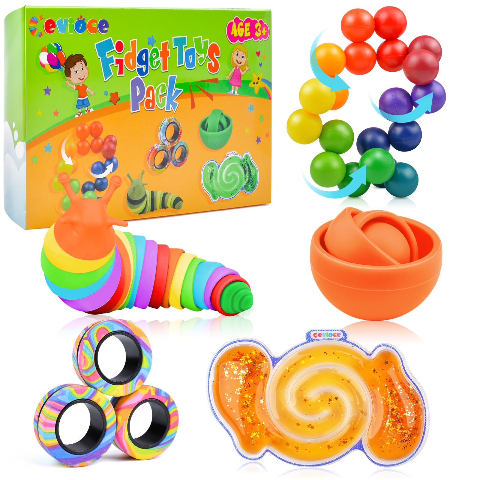 Cevioce 5Pcs Fidget Toys Adults Pack,Easter Basket Stuffers for Teens Boys,Autism Sensory Toys with Fidget Spinner Slug Magnetic Rings,Squishy Fidget Toys ADHD Stress Relief,Party Favor for Kid-O