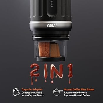 CERA+ Cafetera expreso portátil autocalentable, 8 tazas por carga, 20 bares, CERApresso compatible con cápsulas NS y café molido, Cafetera eléctrica de viaje para camping, senderismo, oficina y coche3