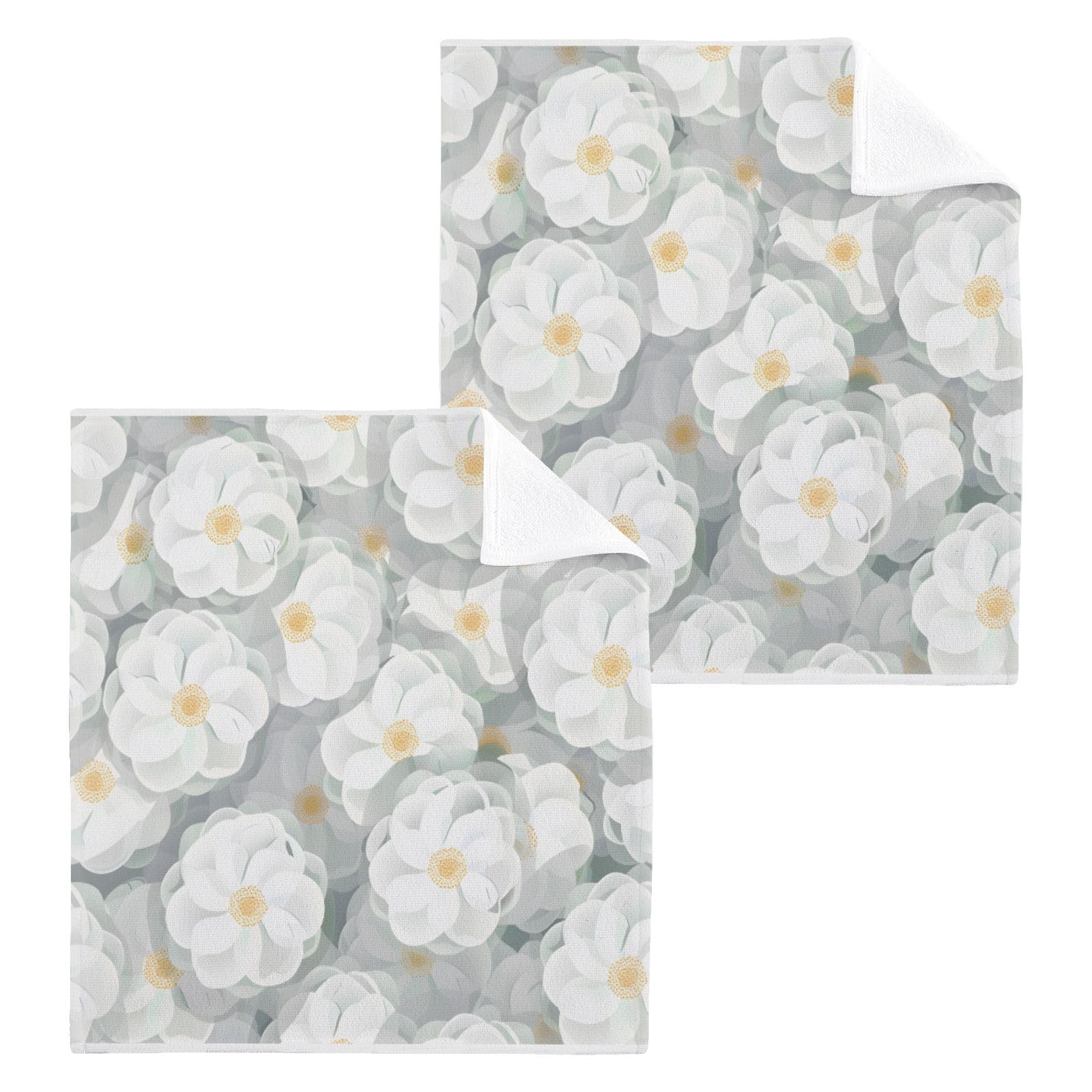 ALAZA Wash Cloth Set 100% Cotton Fingertip Towels Face Cloths Sets White Camellia Flowers Highly Absorbent Soft Feel Set of 2