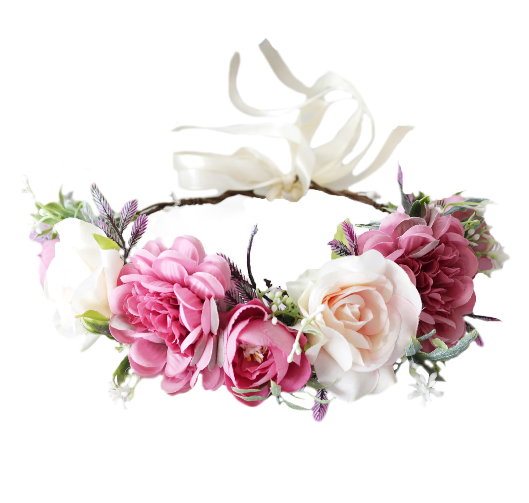 Brikuinr Floral Halo Crown Wreath Flower Wreath Headband Hair Wreath Floral Headpiece Boho with Ribbon Wedding Party Festival