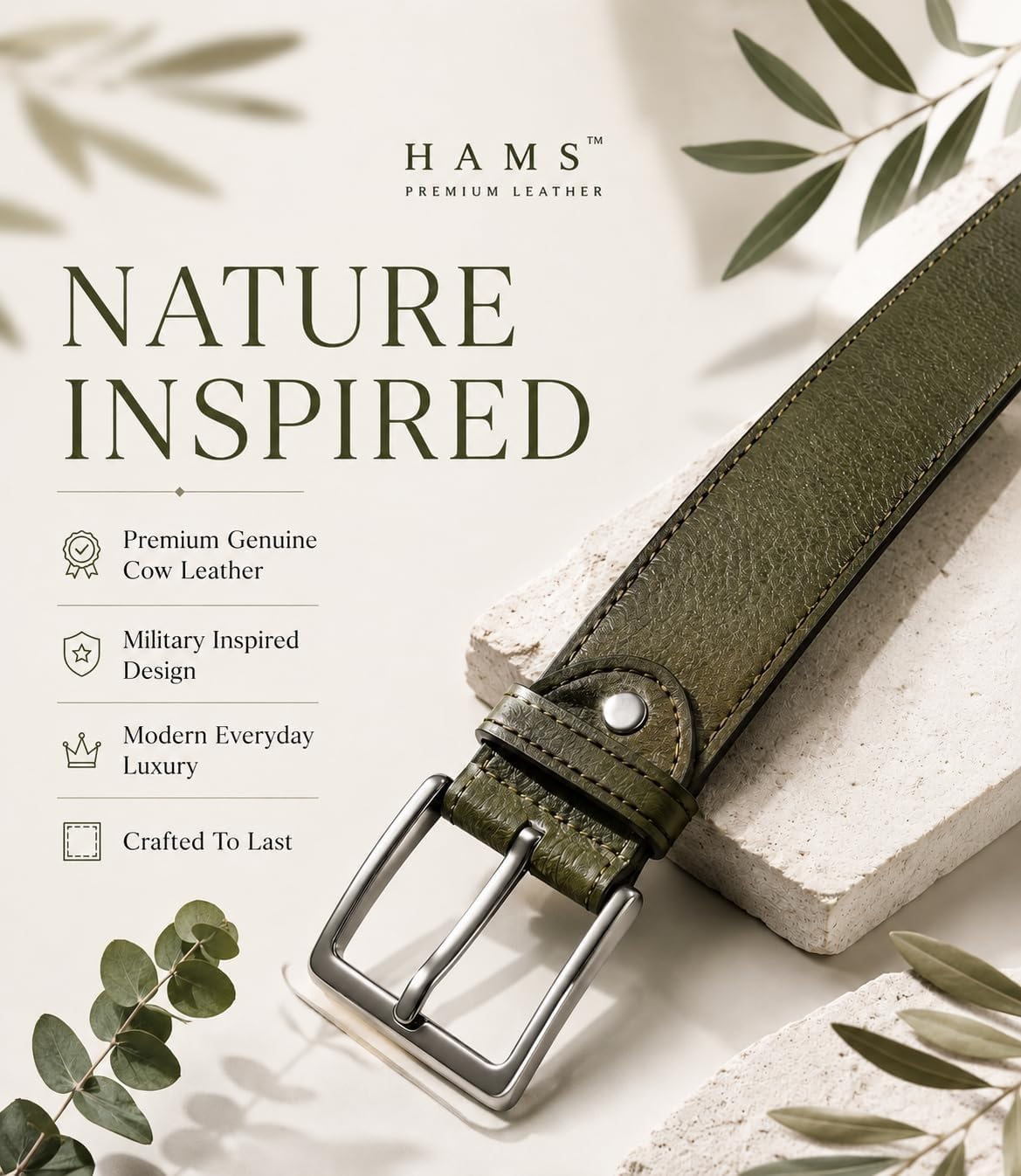 HAMS™ Cinturón de Cuero Genuino para Hombre, Verde Oliva | Cuero de Vaca 100%, Hebilla de Metal Plateado, Costura Artesanal, Acabado de Borde Liso, Uso Diario Cómodo