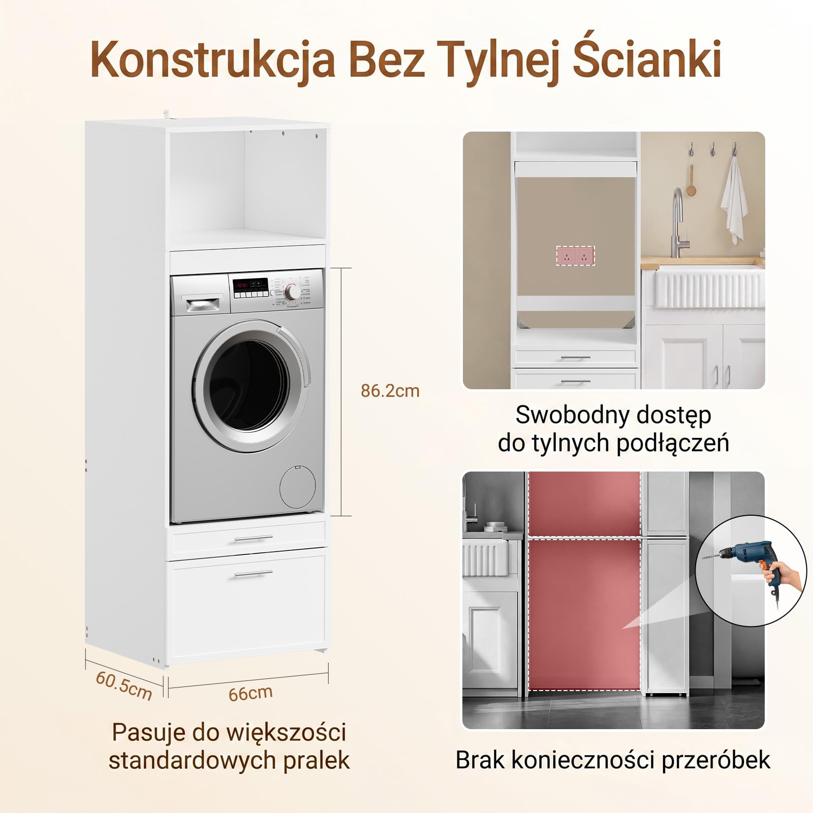 SoBuy Szafka na pralkę z wysuwanym drążkiem na ubrania, 66 x 60,5 x 186 cm