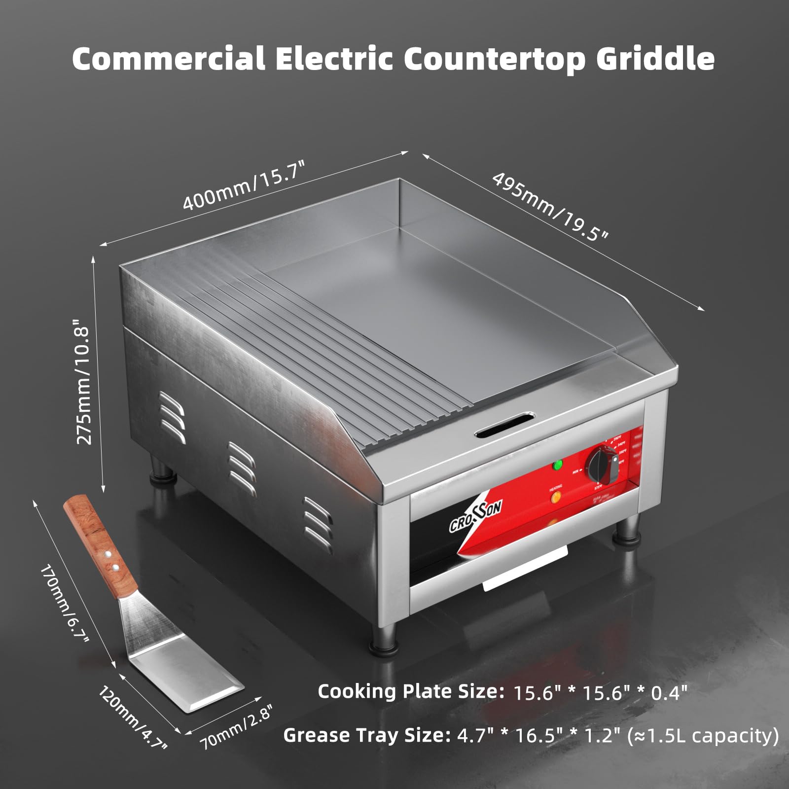 CROSSON Profi Gastro Grillplatte Elektrisch mit halb glatter und halb gerillter Grillfläche (40 x 40 cm) aus 10 mm starkem Gusseisen und 300℃ precise EGO Thermostat