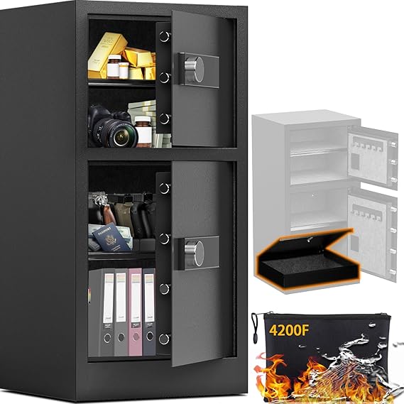 8.6 Cuft Heavy Duty Dual Door Safe Box with Hidden Lock Box Fireproof Waterproof Bag,Removable Shelves,Silent,Fireproof safe for Home, Office, Hotel (8.6 Cuft Double Door Safe)