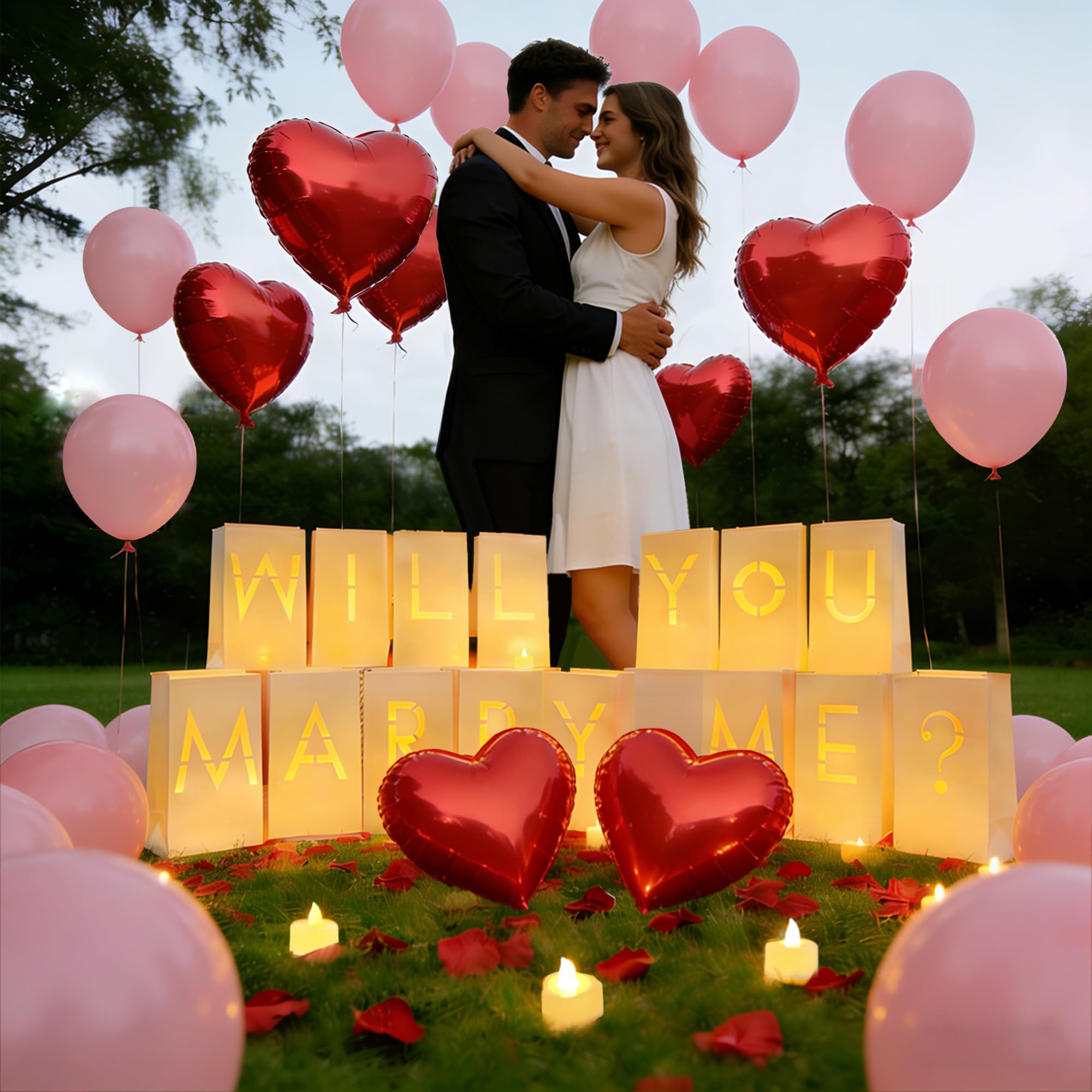 2074 Stück "Marry Me", leuchtende Buchstaben, Antragsdekorationen mit flammenlosen Kerzen, künstliche Rosenblätter, Latex-Aluminium-Luftballons für Valentinstag, Hochzeit, Antrag, romantische