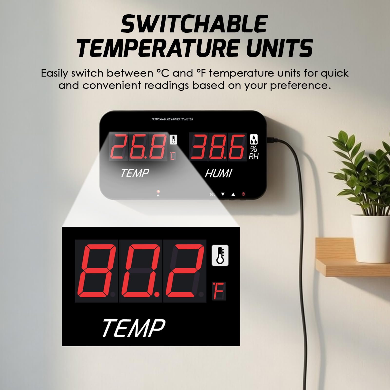 Termómetro higrómetro digital con pantalla LED grande, monitorea temperatura y humedad interiores, alarmas sonoras y visuales ajustables, sonda integrada, USB-C, montaje en pared o en mesa. en la