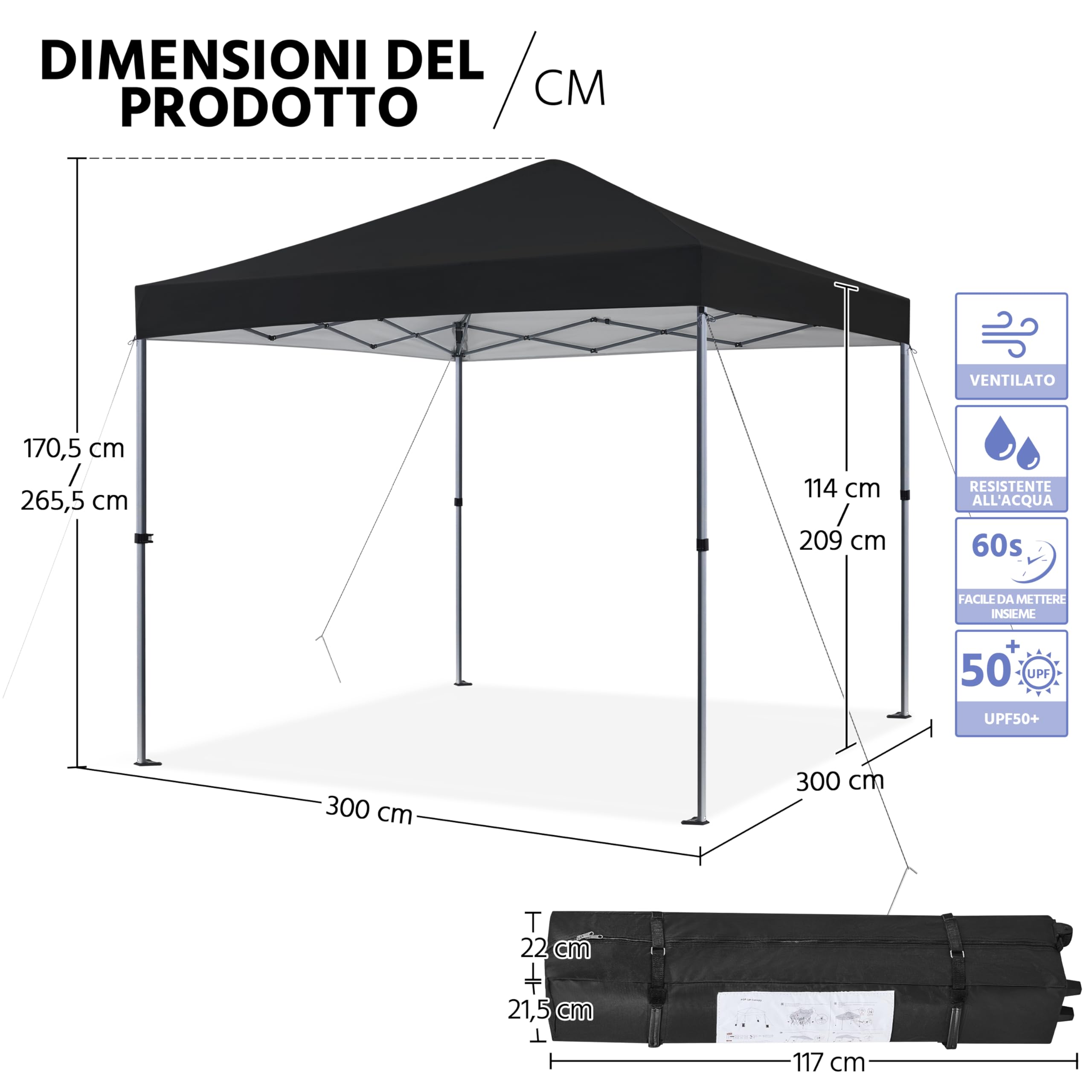 Yaheetech Gazebo Richiudibile Pieghevole Impermeabile 3x3 m in PVC Gazebo Pop Up Altezza Regolabile Tessuto Oxford Adatto per Terrazza Fiera Feste Giardino Mercato Campeggio Bar Pub Nero