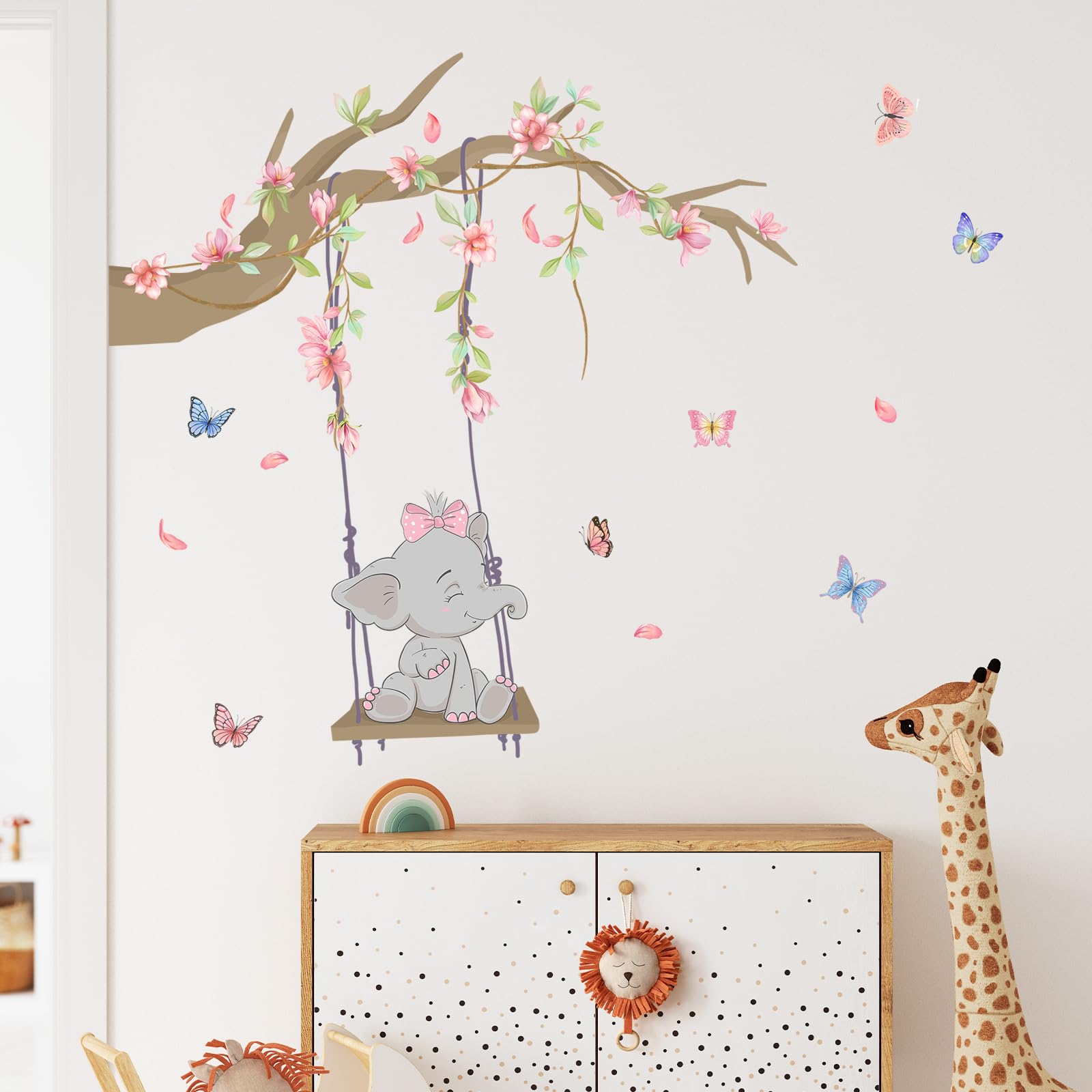 Tanlaby Rosa Columpio Elefante Vinilo Pared, Rama Flores Rosas Mariposas Pegatinas de Pared Caricatura Autoadhesivo Removible Vinilos Decorativos para Dormitorio de Niña Guardería Decoracion Pared