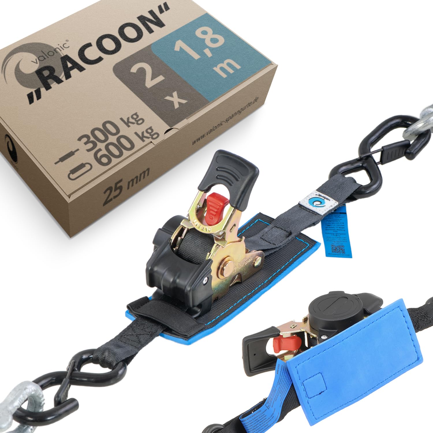 valonic Racoon - 2X 1,8m eslingas automáticas con carraca y Gancho, 25mm, 300/600 Kg, Acolchado, EN-12195-2 - cinchas de Amarre con trinquete, para Sup Board o Moto, Negro