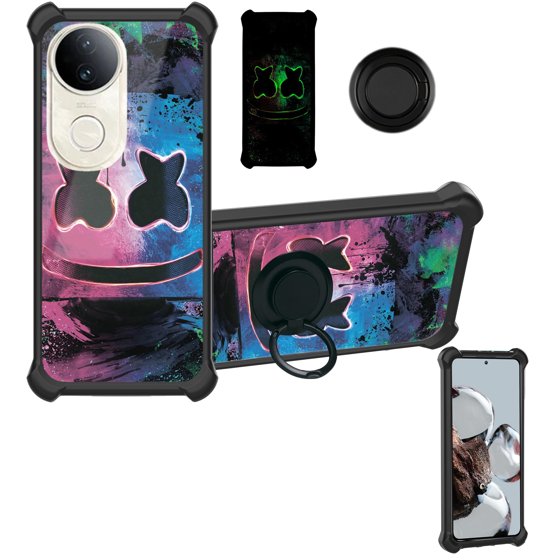 Case Compatible for Vivo S20 Pro Phone Case Cover [with 1* Tempered Glass Screen Protector][Hard PC + Soft Silicone][Ring Support] [Luminous Effect] YGH-BQ