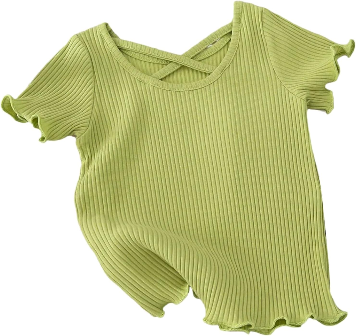 Ribbed Knit T-Shirts for Toddler Girls Short Sleeve Knit Tops Flowy Ruffle Trim Blouses Girls Cute Tees Trendy T-Shirts