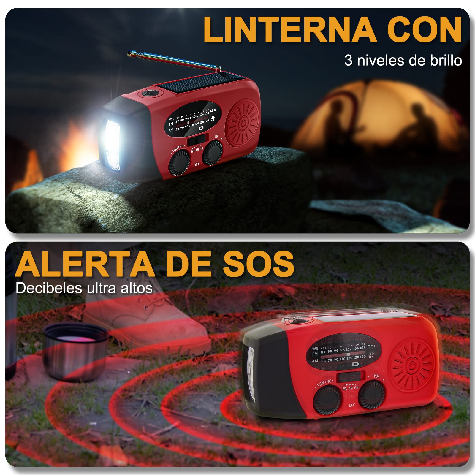Radio Solar de Emergencia Radio FM/Am/NOAA Portátil Manivela de la Mano Radio con 2000mAh como Power Bank 3-LED Linterna Alarma SOS Radio portátil y Recargable doméstica y de Camping