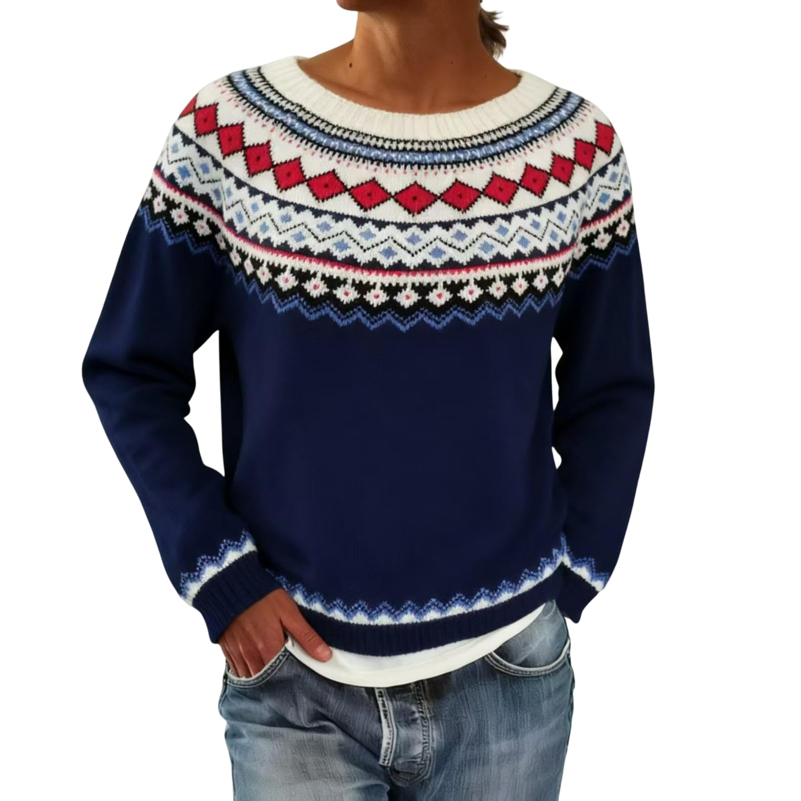 Womens Retro Argyle Jacquard Sweaters Fair Isle Crew Neck Loose Long Sleeve Casual Warm Knit Pullover Sweater