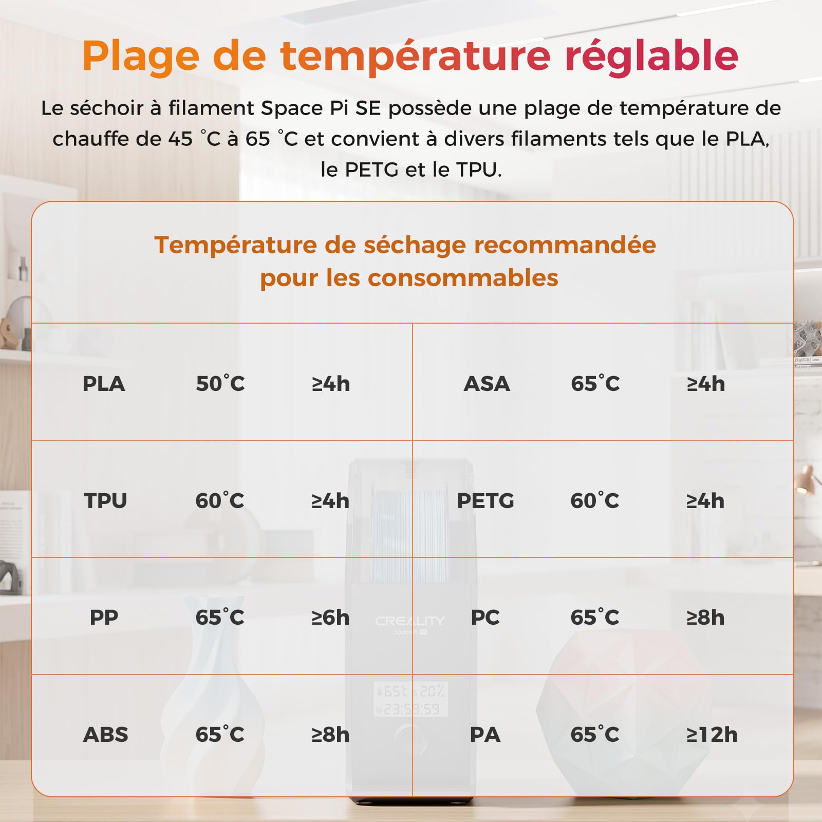 Creality Space Pi SE Séchoir À Filament, Chauffage PTC Optimisé 360° Rapide, Capteur Précis, Boîte Déshydratante 45–65 °C, Adapté Bobine 1 Kg PLA, PETG, ABS, TPU, Nylon Pour Imprimante 3D