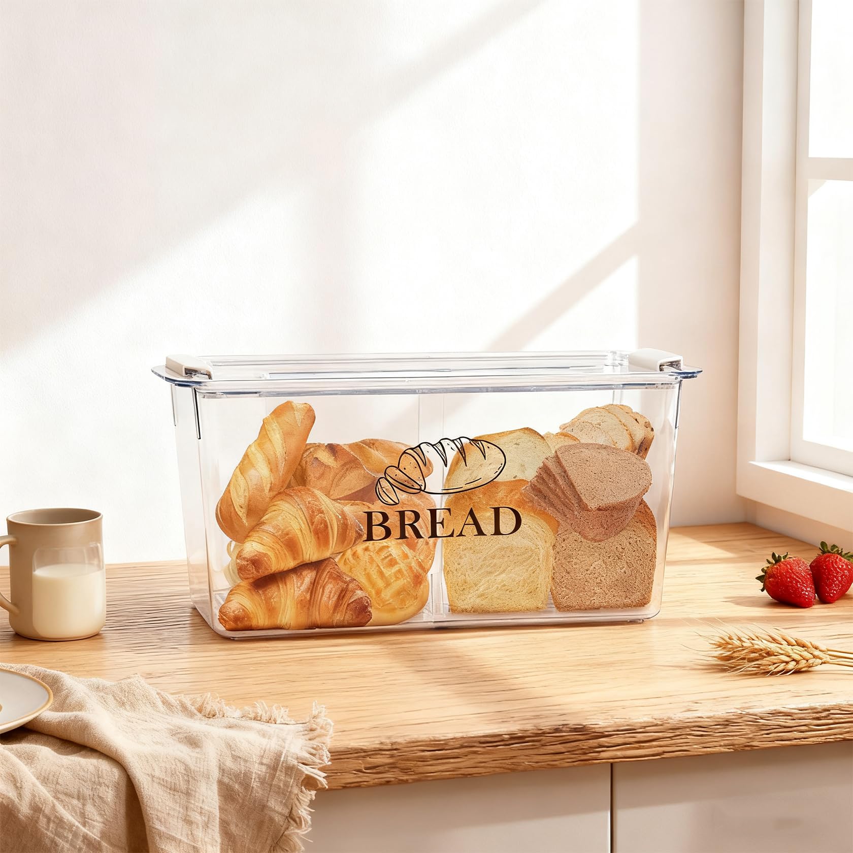 Contenitore per pane in PET trasparente con divisorio e coperchio ermetico – Contenitore per pane senza BPA con chiusura a clip, impilabile per toast, dolci, bagel – contenitore da cucina