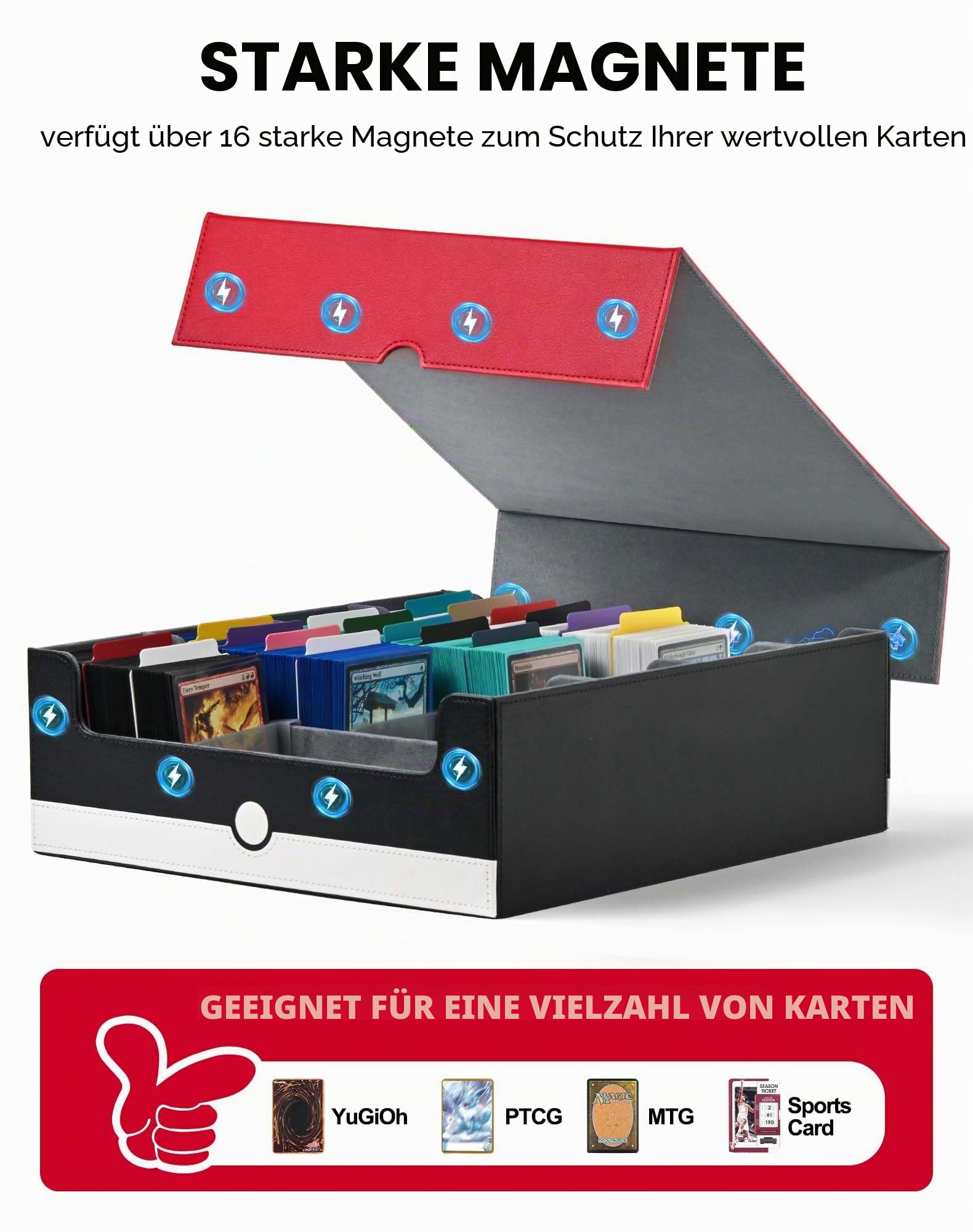 ZLCA Trading Card Storage Box, Commander Card Deck Case Holds 2400+ Cards, MTG Deck Box mit 4 Stopfen, Magic Card Organizer für TCG PTCG Karten(rot-weiß)