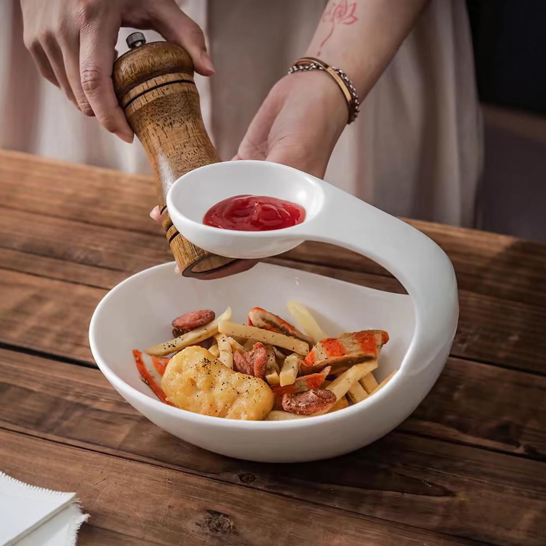 Juego para servir chips y salsas, tazón para de chips irregular blanco de 2 niveles