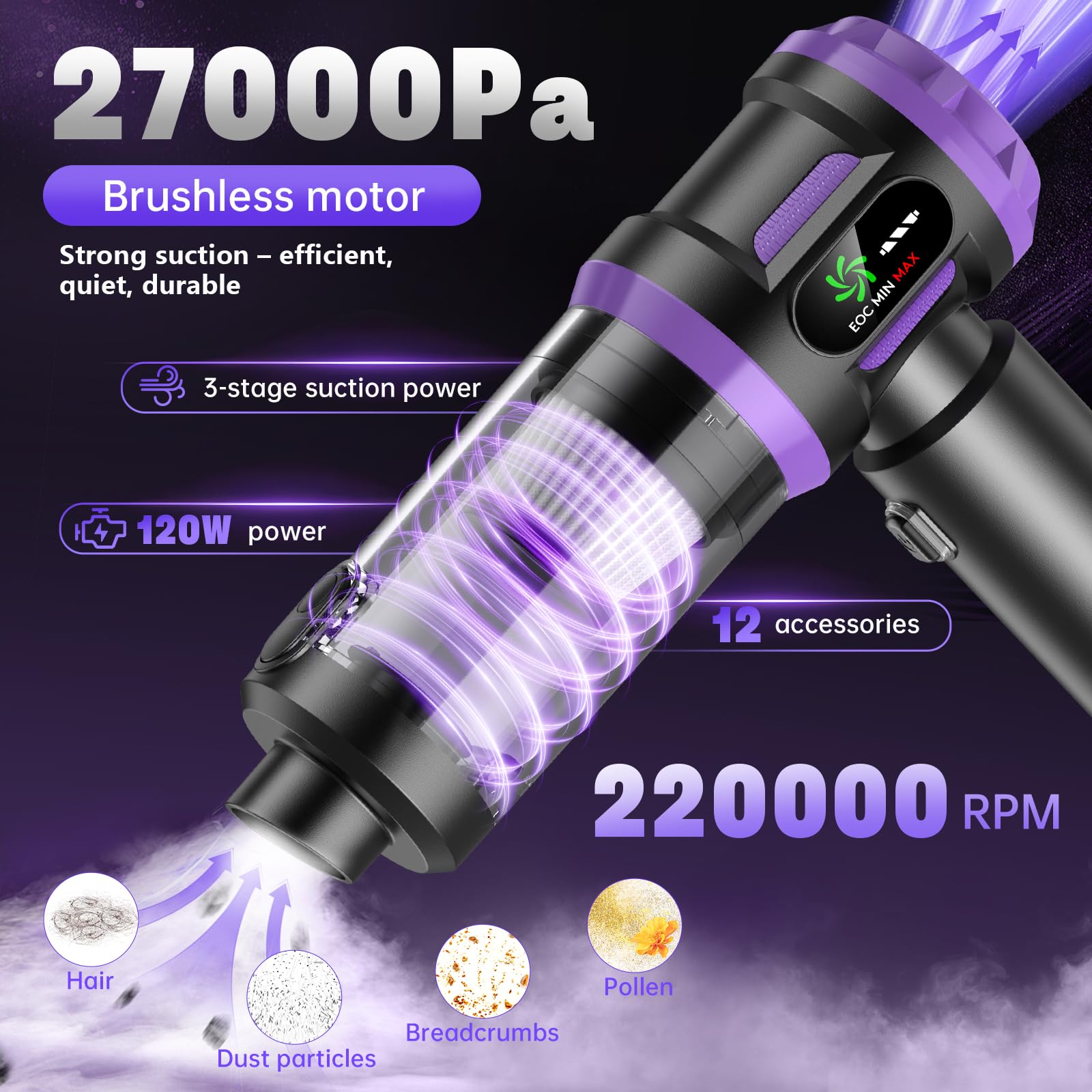 Aspirateur Voiture sans Fil 27000Pa Aspirateur à Main Puissant 5-en-1 avec Moteur Sans Brosse, 3 Vitesses, Mini Aspirateur Portable avec Écran LED Idéal pour Poils d’Animaux, Auto, Maison & Bureau