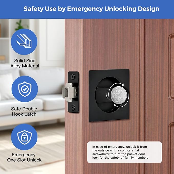 Juego de herrajes para puerta empotrada en negro mate con cerradura de privacidad y pestillo - Estilo contemporáneo para puertas empotradas cuadradas (1 unidad, sin tirador) miniatura 6