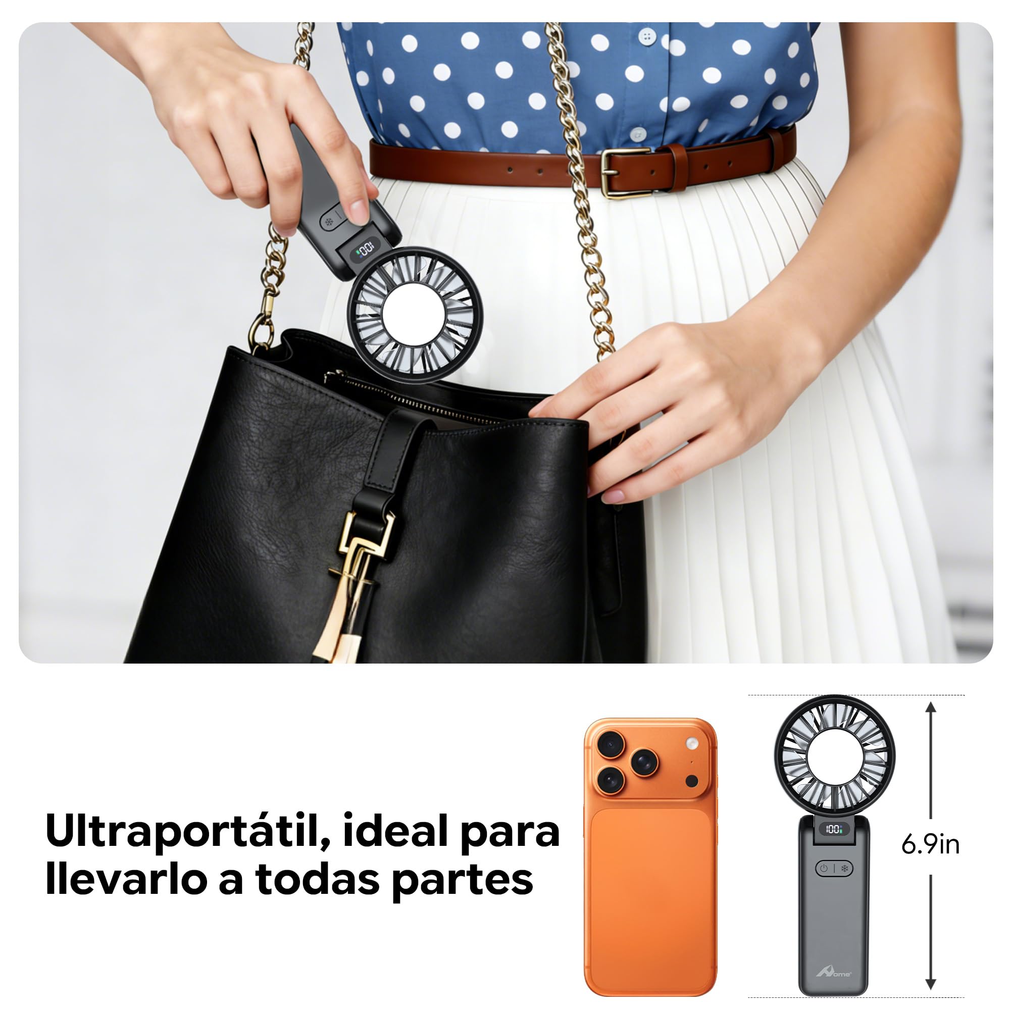 Ventilador Portátil con Refrigeración por Hielo, Enfriamiento en 3 s, Recargable, 5 Velocidades, hasta 9 m/s,carga USB-C,para Viajes, Oficina y Exterior