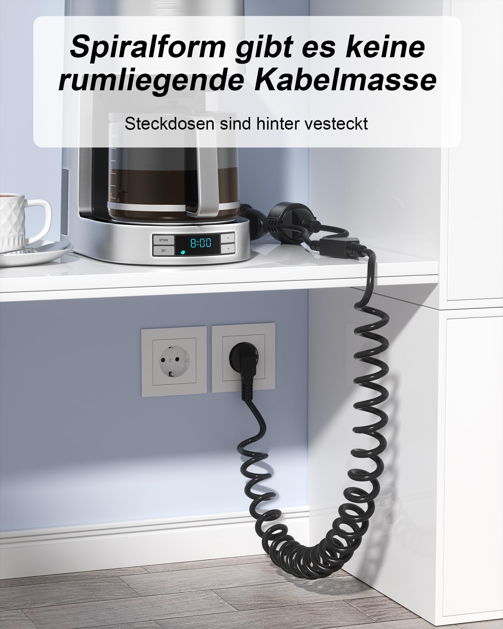 Podwójna wtyczka Schuko, kabel spiralny, 2 gniazda, kabel 1,5 m, rozdzielacz do kuchni, biura, gospodarstwa domowego (AC-2 Plug-TH-DE-Black)