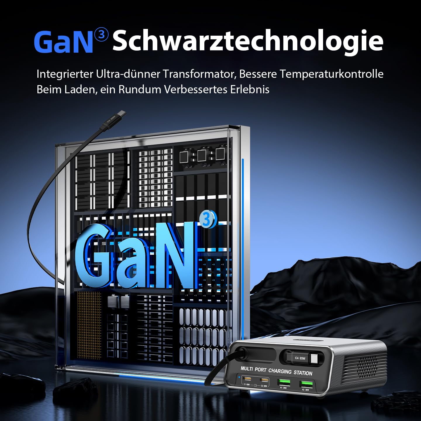 6 in 1 GaN Ladestation Mehrere Geräte, 65W USB C Schnellladegerät mit 2 Einziehbaren Kabeln, Klein Ladestation Kompatibel für MacBook/iPad/Phone 17/16/Samsung/, Silent Design mit rutschfest