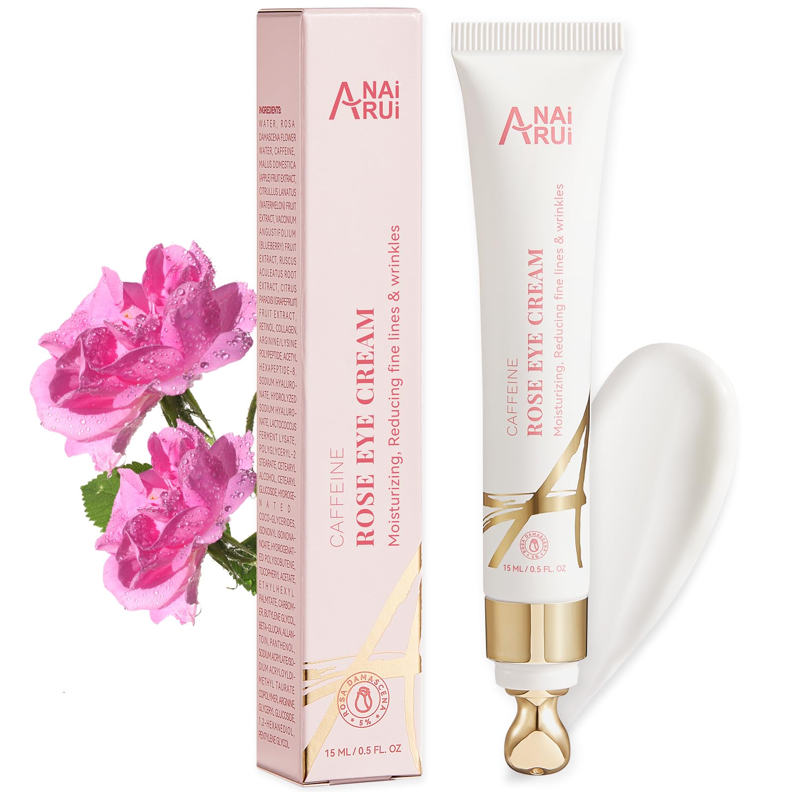 ANAI RUIRose Caffeine Eye Cream for Dark Circles, Mother's Day Gift for Women, Anti-Aging Eye Cream with Retinol, Collagen, Hydrating, Firming, Reduce Wrinkles and Fine Lines Daily 0.5 FL OZ