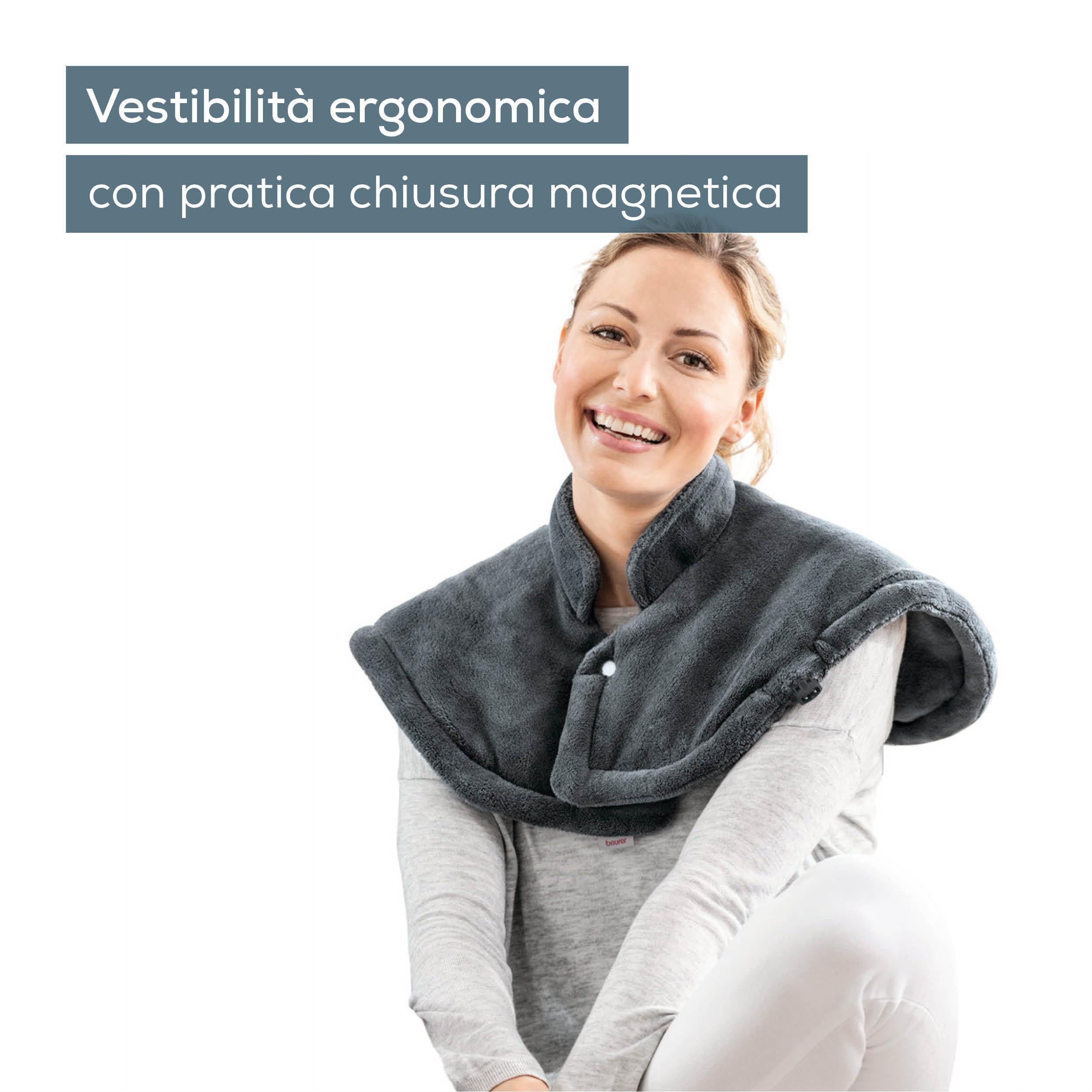 Beurer HK 66 Cosy Termoforo per spalle e cervicale, termoforo elettrico di forma anatomica con chiusura magnetica, 3 livelli di temperatura con spegnimento automatico, lavabile