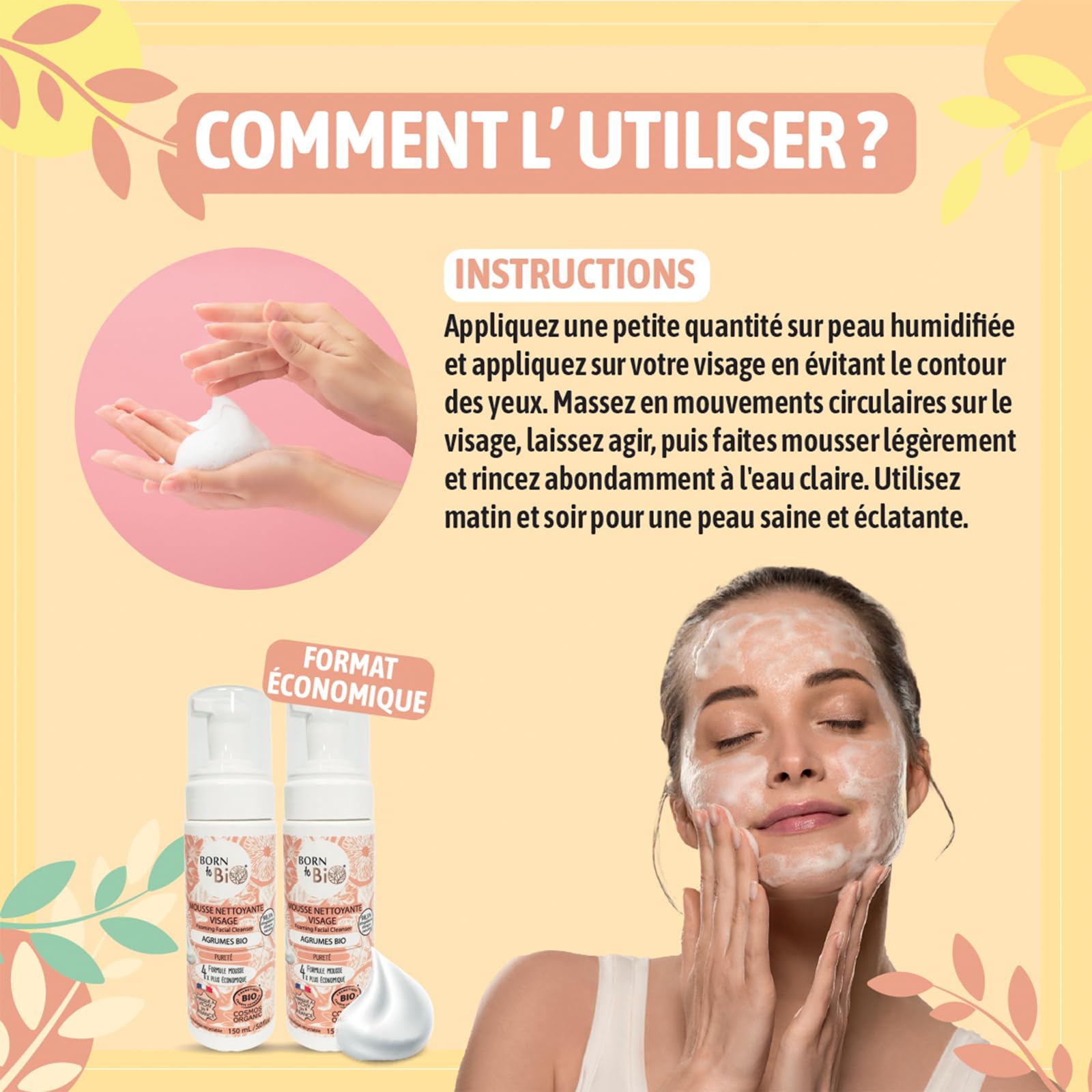 BORN TO BIO Mousse Nettoyante Visage Bio pour Peaux Grasses: Pureté - Lot de 2 x 150ml: Agrumes - Nettoyage Doux et Efficace - Texture Ultra Légère - Certifiée Bio