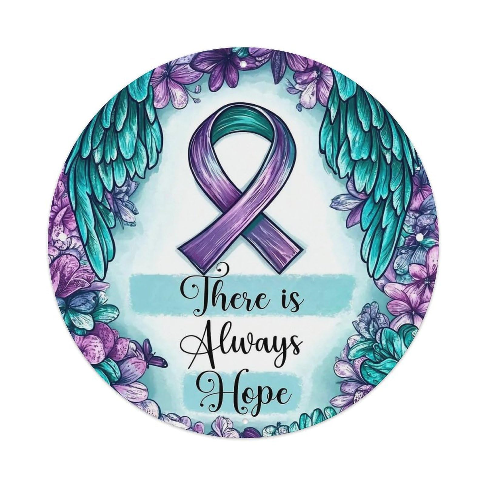 Purple Ribbon Wings Flowers Hope Round Metal Tin Sign Vintage Wall Decor, Bar Garage Cafe Kitchen Home Wall Art Poster 8x8inches