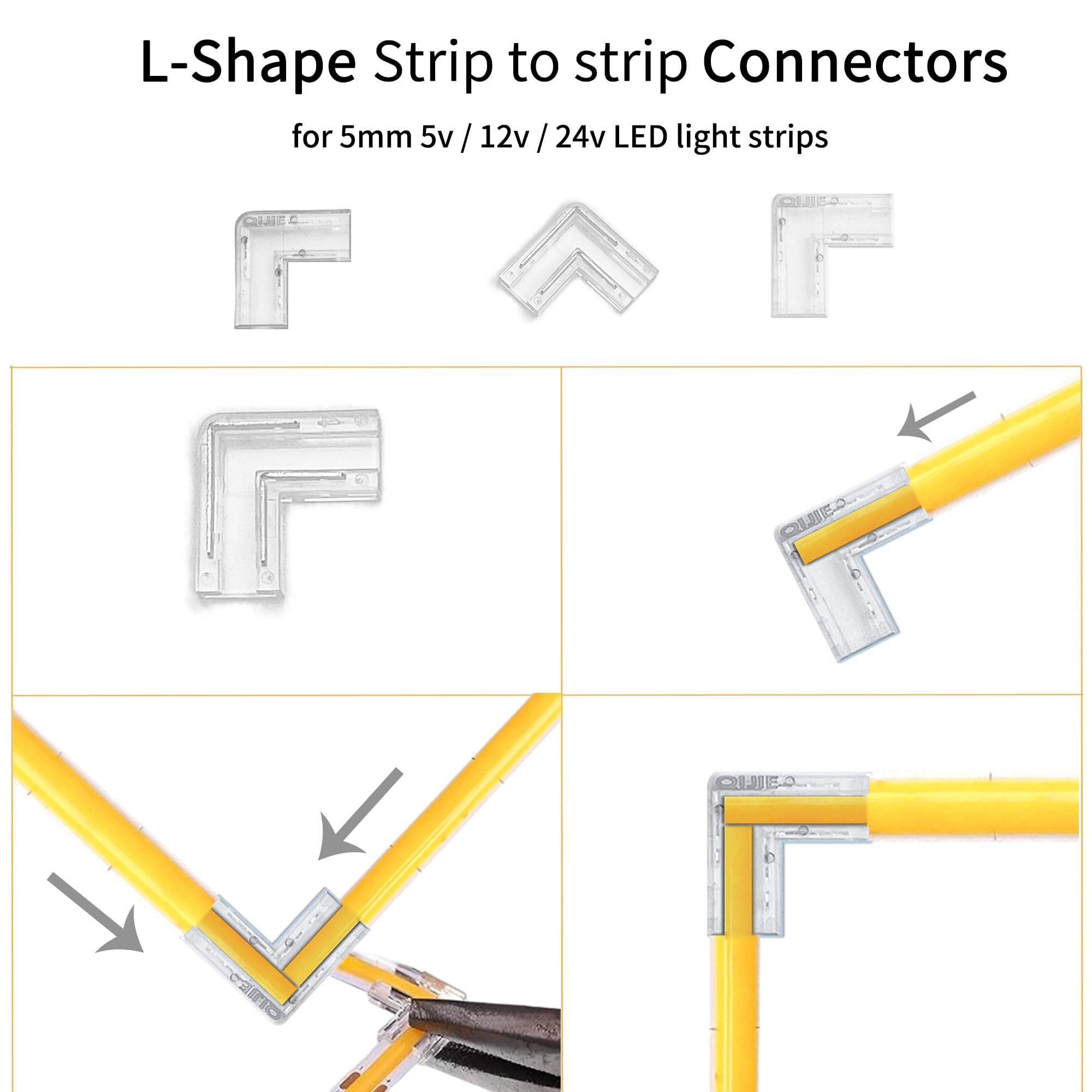 Clearhill 5mm 2Pin 24PCS Press-in Assembly COB LED Strip Connector Corner Kit,14PCS Strip to Strip,6PCS L-Shape,4PCS Strip to Wire +10cm Cable,for 5V 12V 24V Strip - Image 4