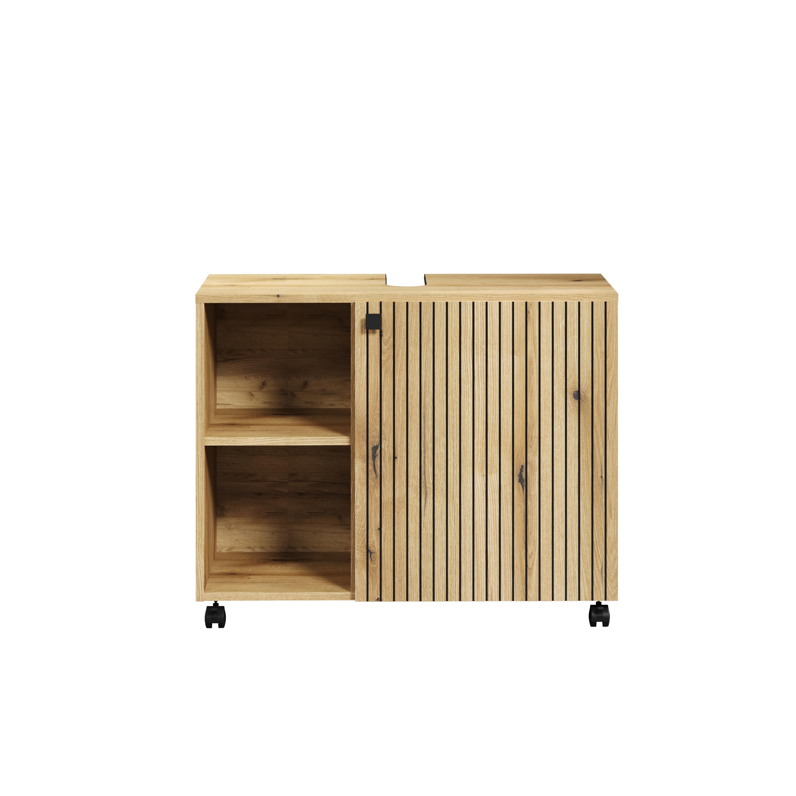 trendteam Smart Living - Mueble bajo Lavabo con Ruedas - Baño - PureBliss - Dimensiones de Montaje (Ancho x Alto x Profundidad) 80 x 64 x 42 cm - Color Roble Evoke con Ranuras Negras - 233730142