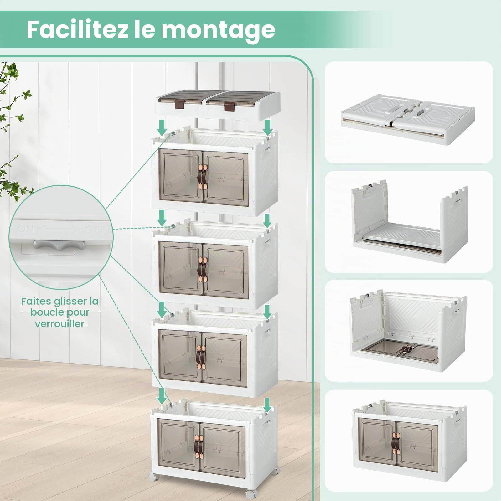 KOMFOTTEU Caisson Rangement Plastique Pliable & Mobile, 4 Niveaux