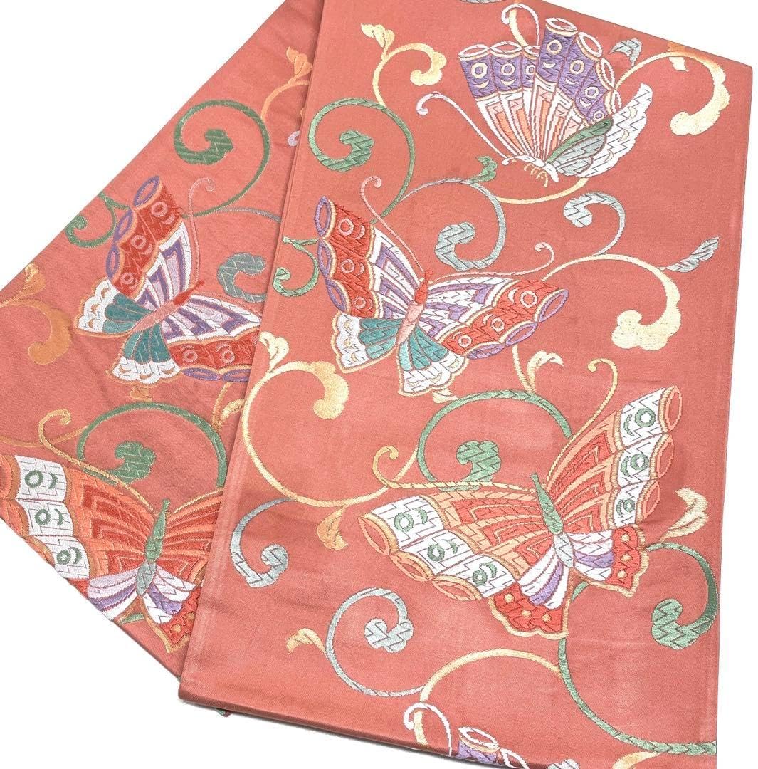 M257 夏帯　花模様　蝶々　唐織　絽　六通　正絹　袋帯 平和屋着物◎六通柄袋帯 唐織 熨斗花蝶文 金銀糸 正絹 逸品