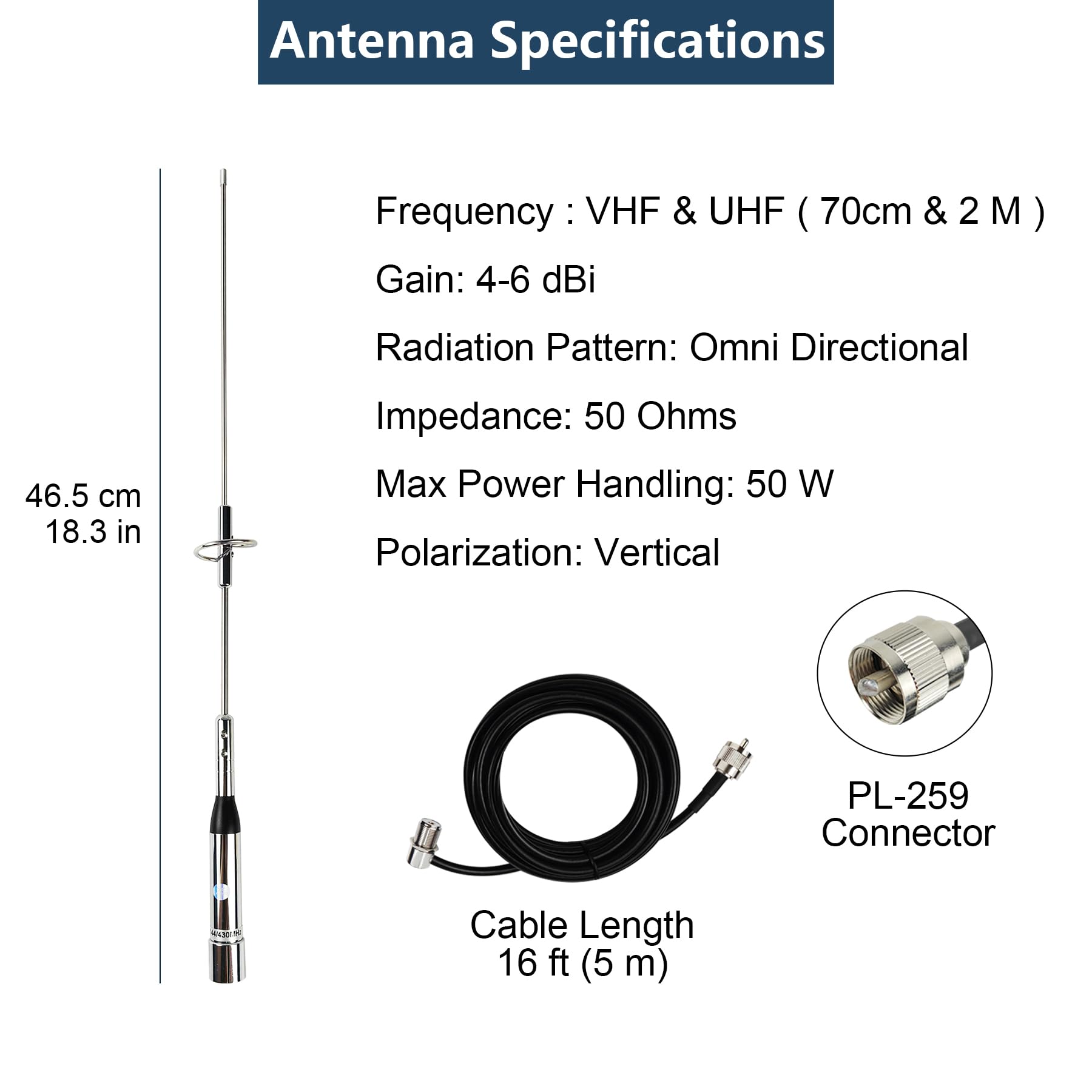 Antena de radio de jamón móvil de doble banda UHF VHF 136-174MHz 400-470MHz con cable de 16 pies y clip de base para coche, camión, radio, radio, amateur, radio móvil, radio bidireccional, barco
