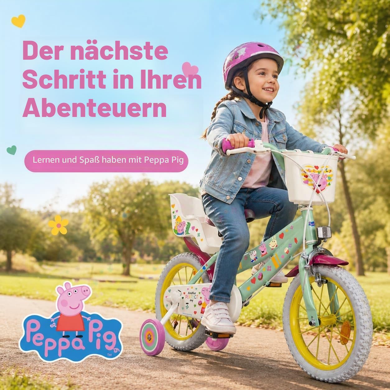 TOIMSA Kinderfahrrad Peppa Pig 14 Zoll mit Stützrädern Korb Puppensitz Alter 4-6 Jahre