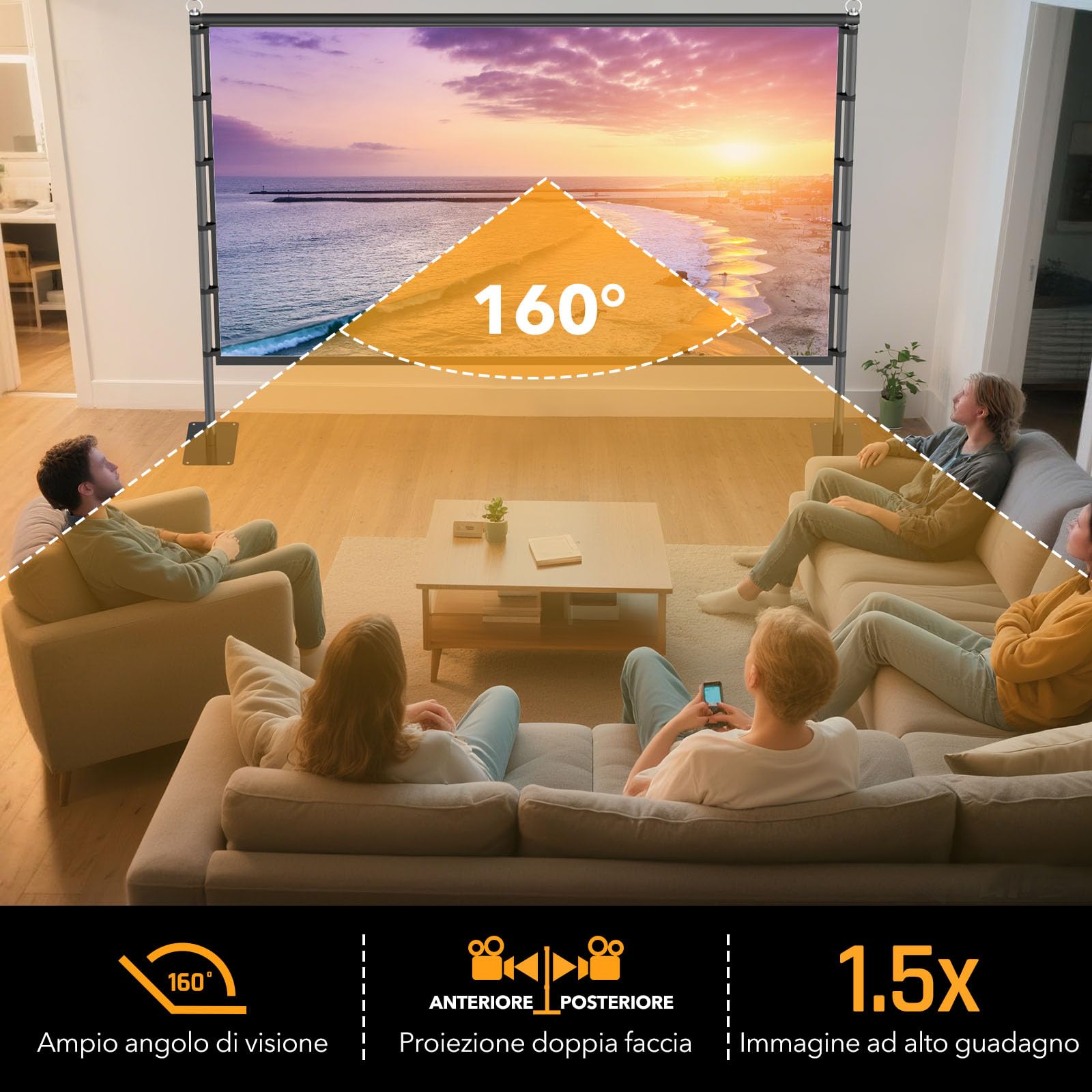 Schermo per Proiettore con Supporto LEORFI 120 Pollici Portatile - Base Rinforzata, Superficie HD 4K 16:9 Senza Piega - Proiezione Frontale/Retroproiezione - Con Borsa da Trasporto