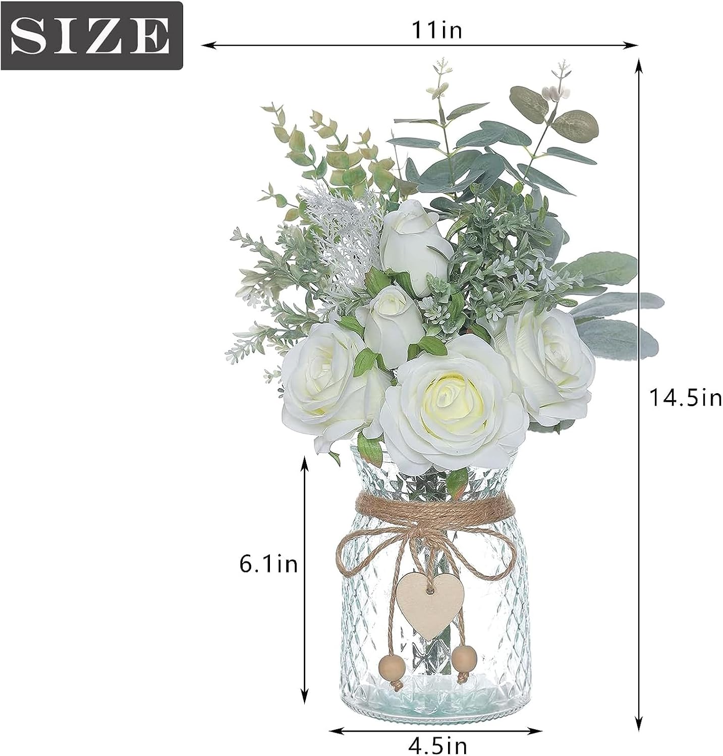 Artificial Flowers with Vase, Artificial Silk Rose Faux Flowers in Vase, Fake Plant Eucalyptus Flower Arrangement with Glass Vase Faux Rose for Decoration Table Centerpiece(White)