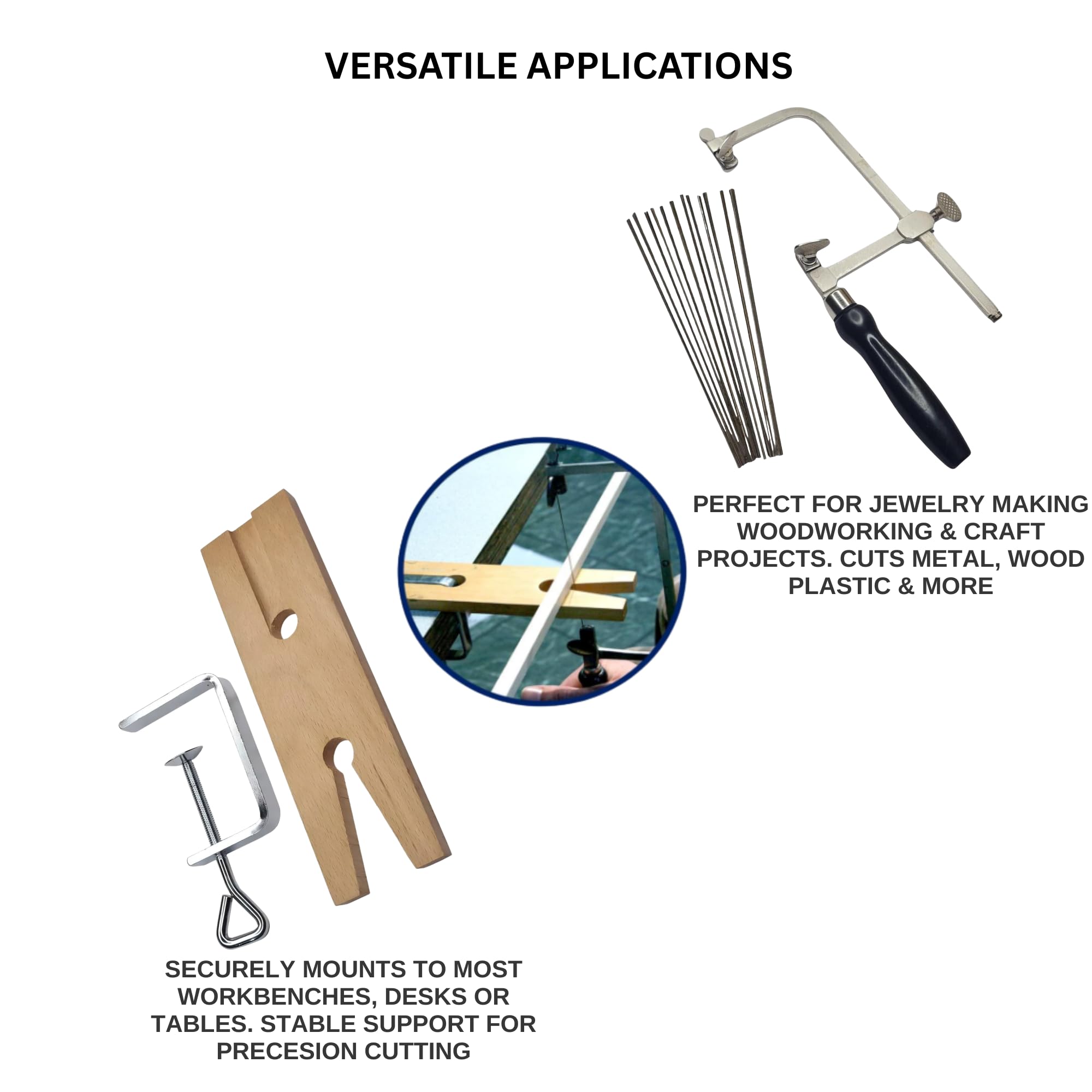 Kit de scie professionnelle 3 en 1 pour bijoutier – Cadre de scie réglable, 144 lames (tailles 1/0–2) et broche d'établi en bois avec fente en V avec pince – Fabrication de bijoux, bois, métal et