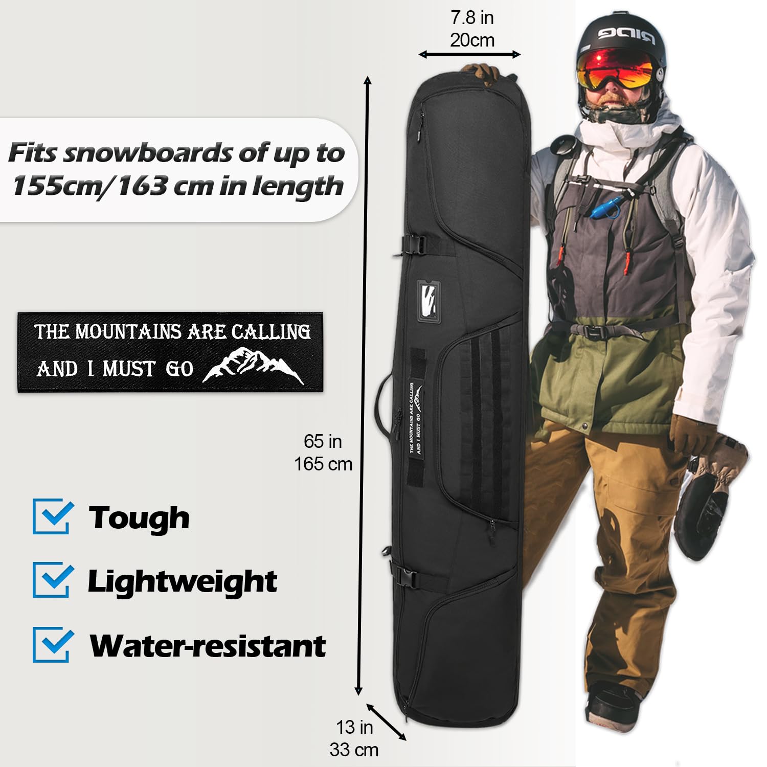 Borsa da viaggio per snowboard, 163 cm, imbottita, per scarponi da sci, attrezzatura da sci