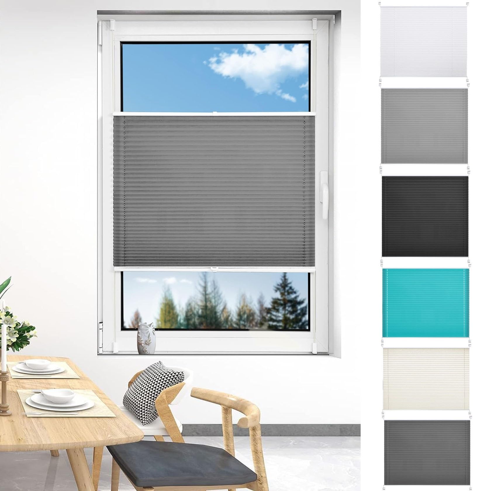 Pleated Blind Klemmfix No Drilling 40 x 180 cm Easy Fit Self Adhesive Stick On Clip on Blinds Stick on Blinds Includes All Assembly Parts For Windows Doors Shades, Light Grey